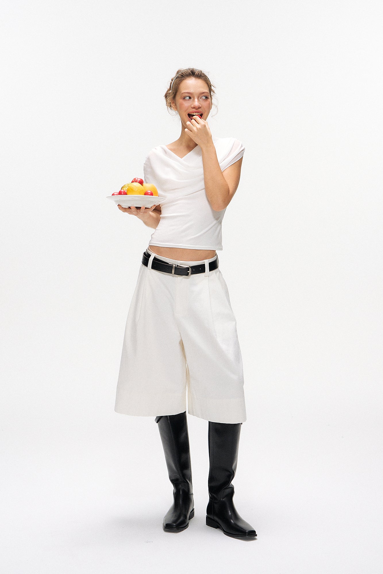 10AMSOTIIIIIIRED Asymmetrical Convertible Draped Overlay Top