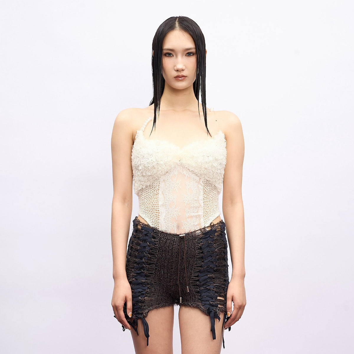 JUEJUEWORKS Lace Panel Fuzzy Trim Cami Top
