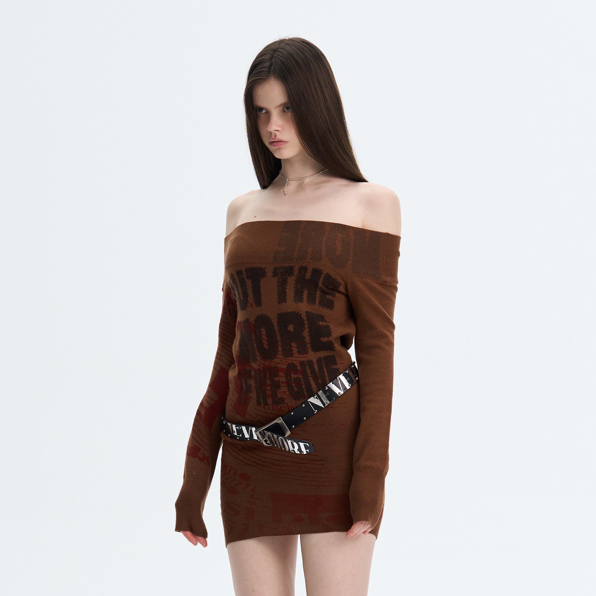 THE NEVERMORE Graphic Off-Shoulder Knit Mini Dress