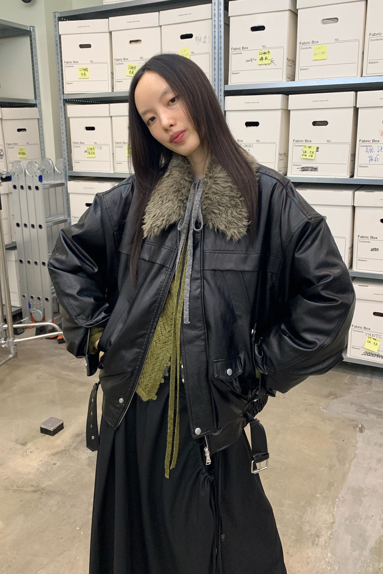 NEVERSEEZ Faux Leather Duck-Down Fill Jacket