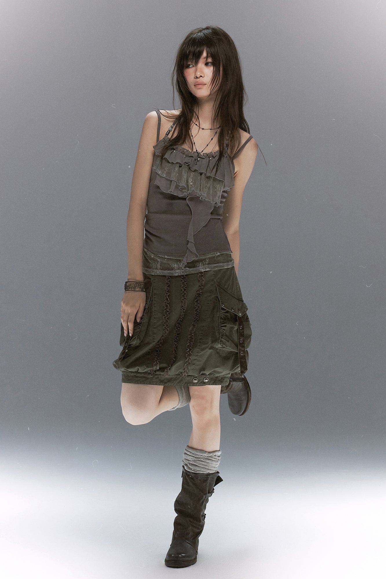 CESTNOUS Ruffled Lace Layered Beaded Camisole Top