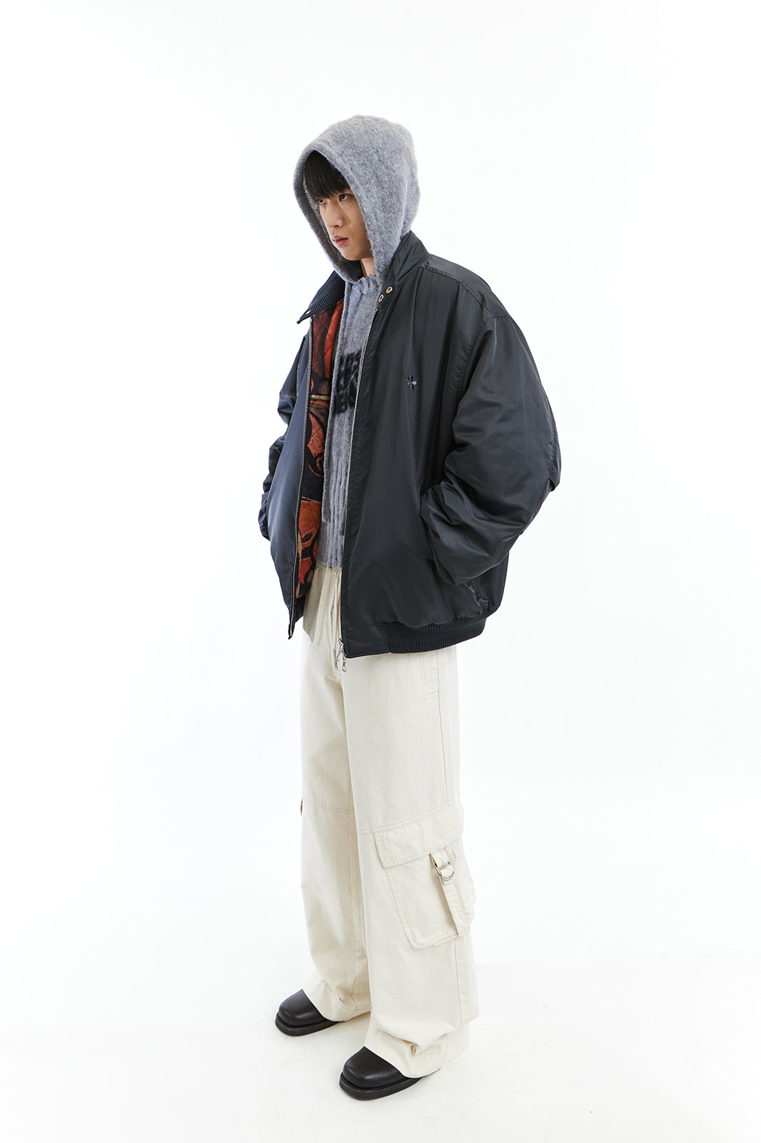 NEVERSEEZ Graphic-Lining Embroidered-Flower Bomber Jacket