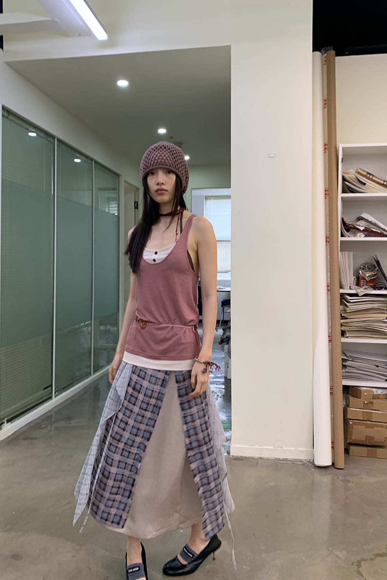 NEVERSEEZ Layered Plaid Tied Wrap Skirt