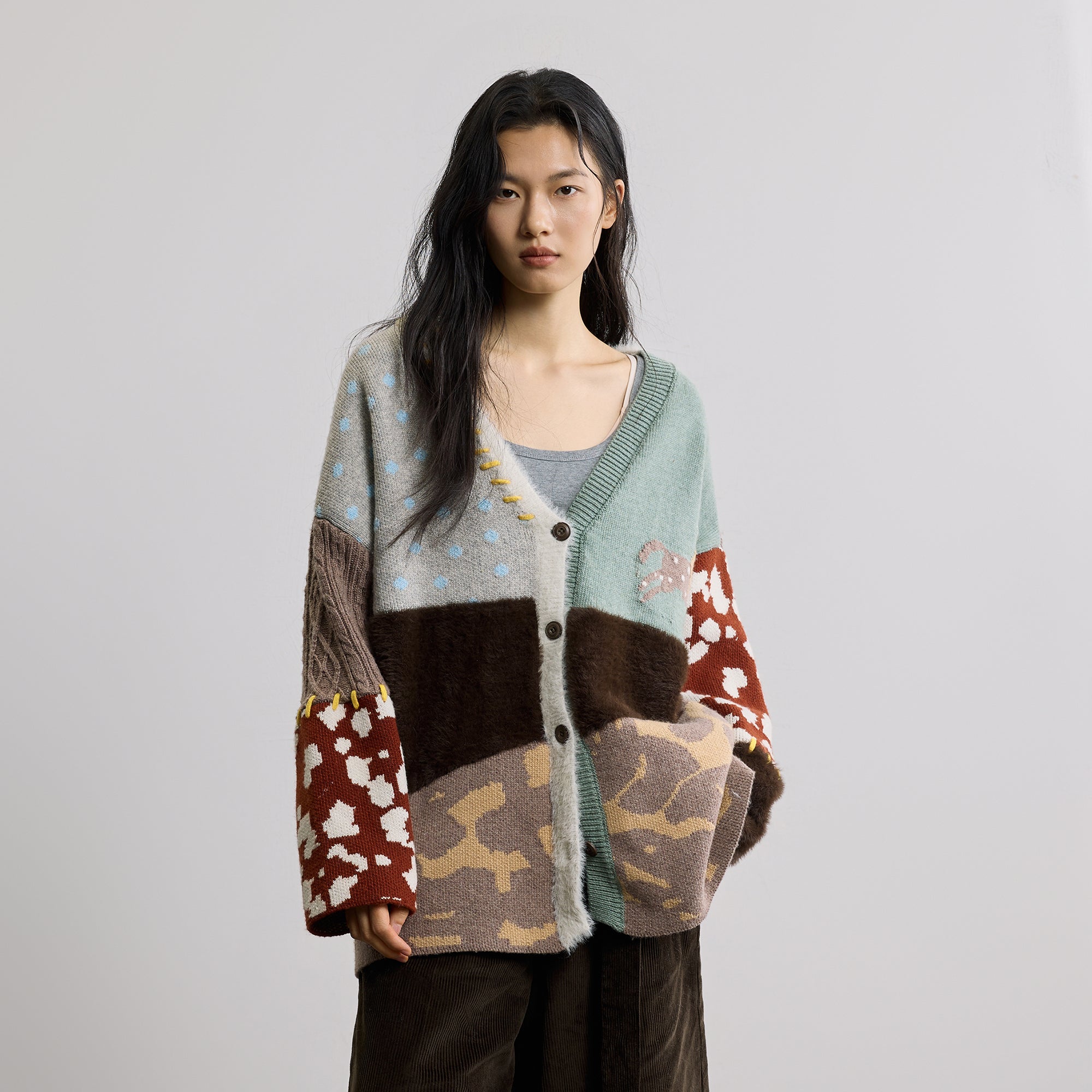 SAME FLOW Retro Spliced Wool-Blend Jacquard Cardigan