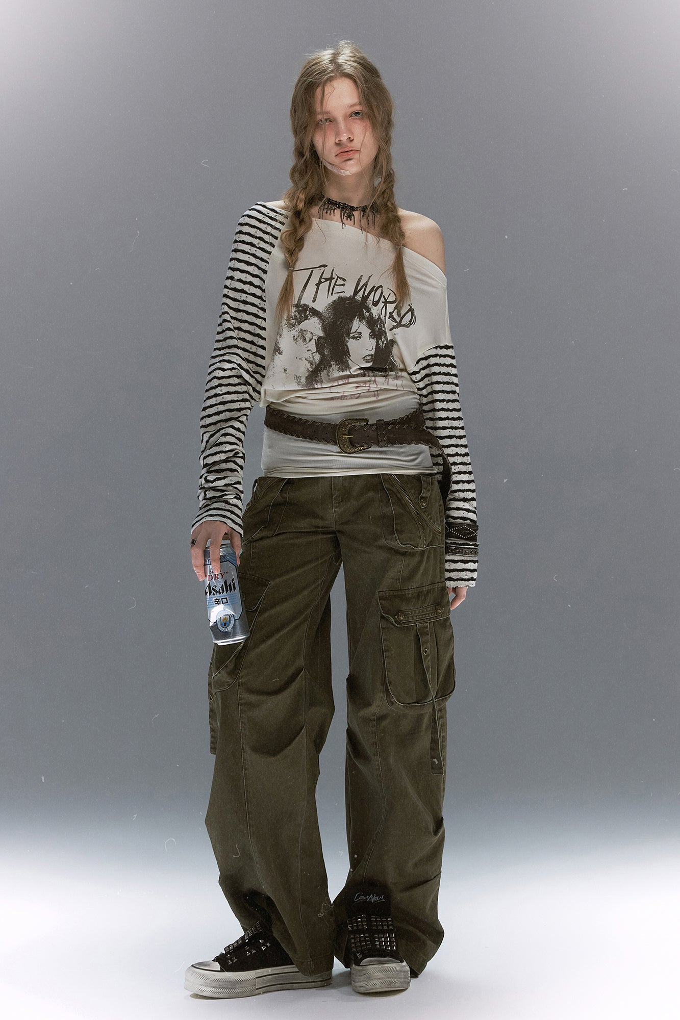 CESTNOUS Punk Graphic Spliced Striped Off-Shoulder Long-Sleeve Tee