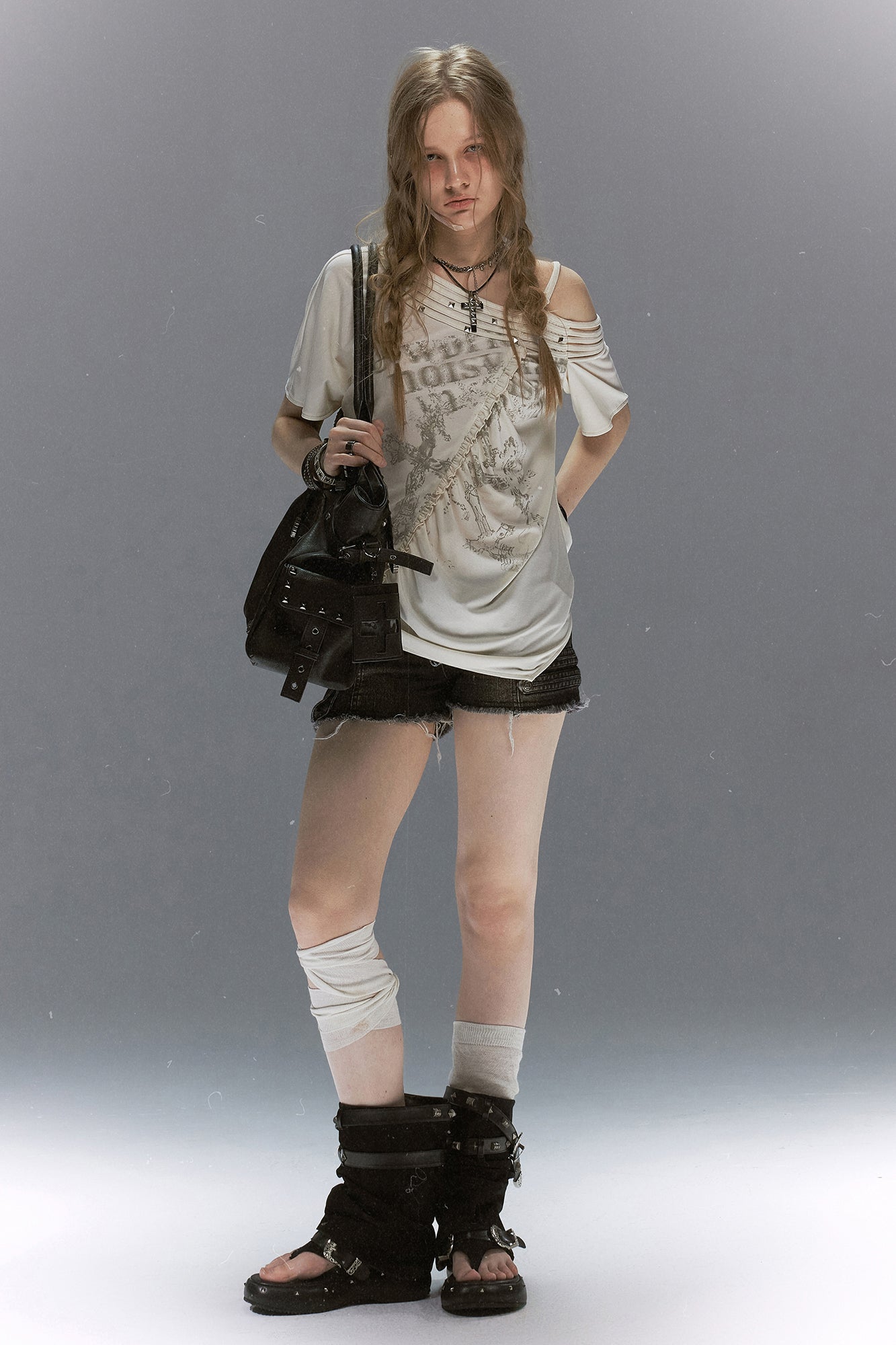 CESTNOUS Asymmetrical Studded Multi-Strap Graphic T-Shirt