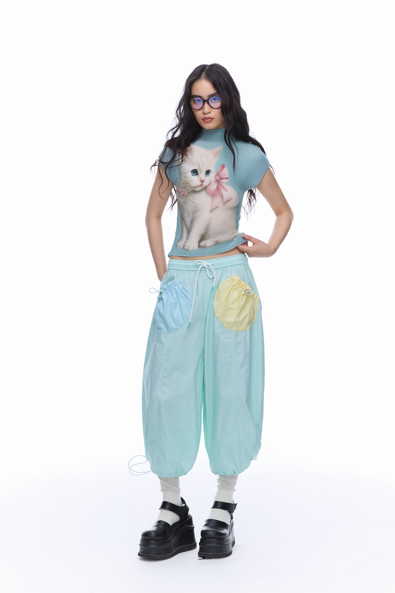 MOF Bow Kitten Graphic Pleated T-Shirt