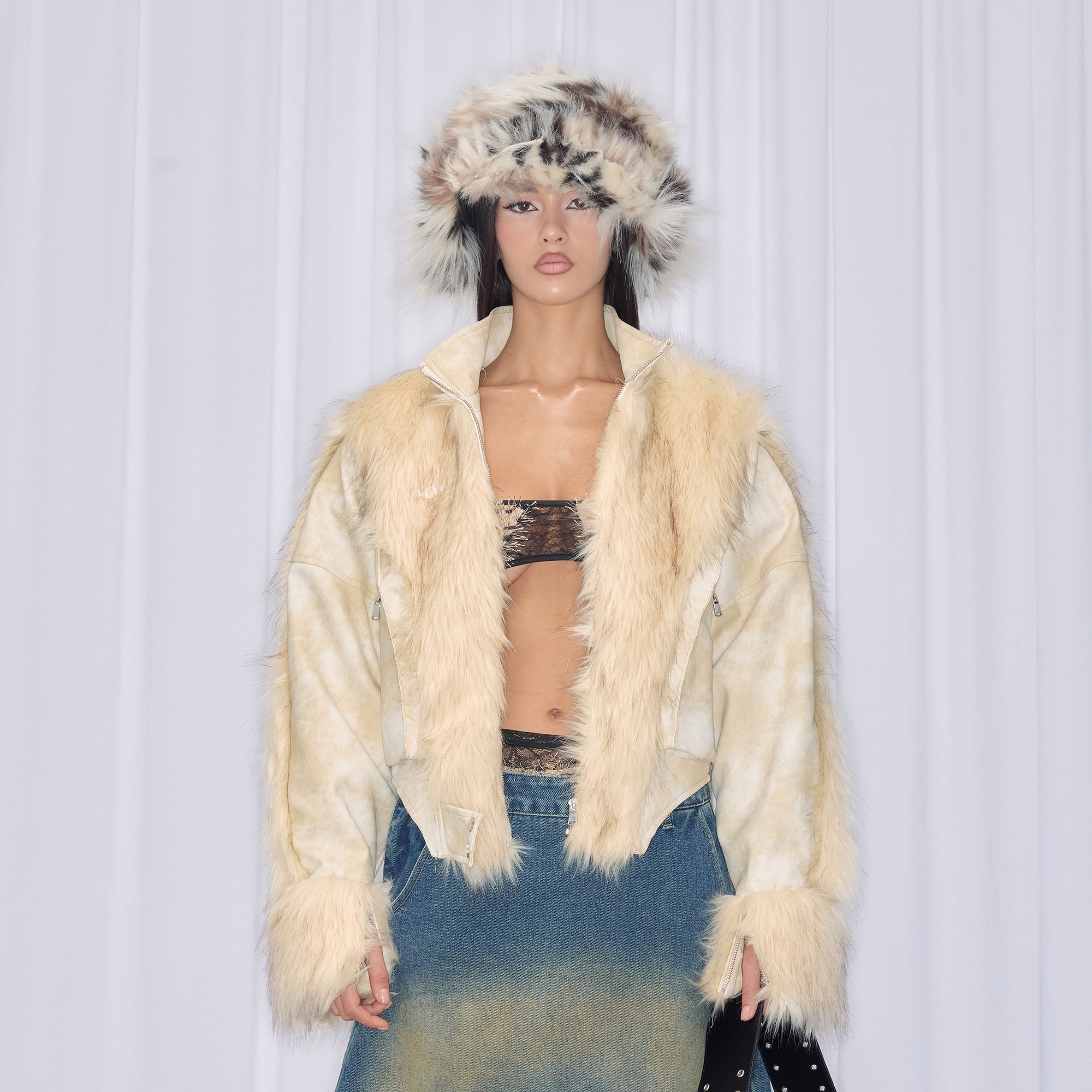 NEVER OFFEND L ANGEL Paneled Faux-Leather & Shag Fur Jacket