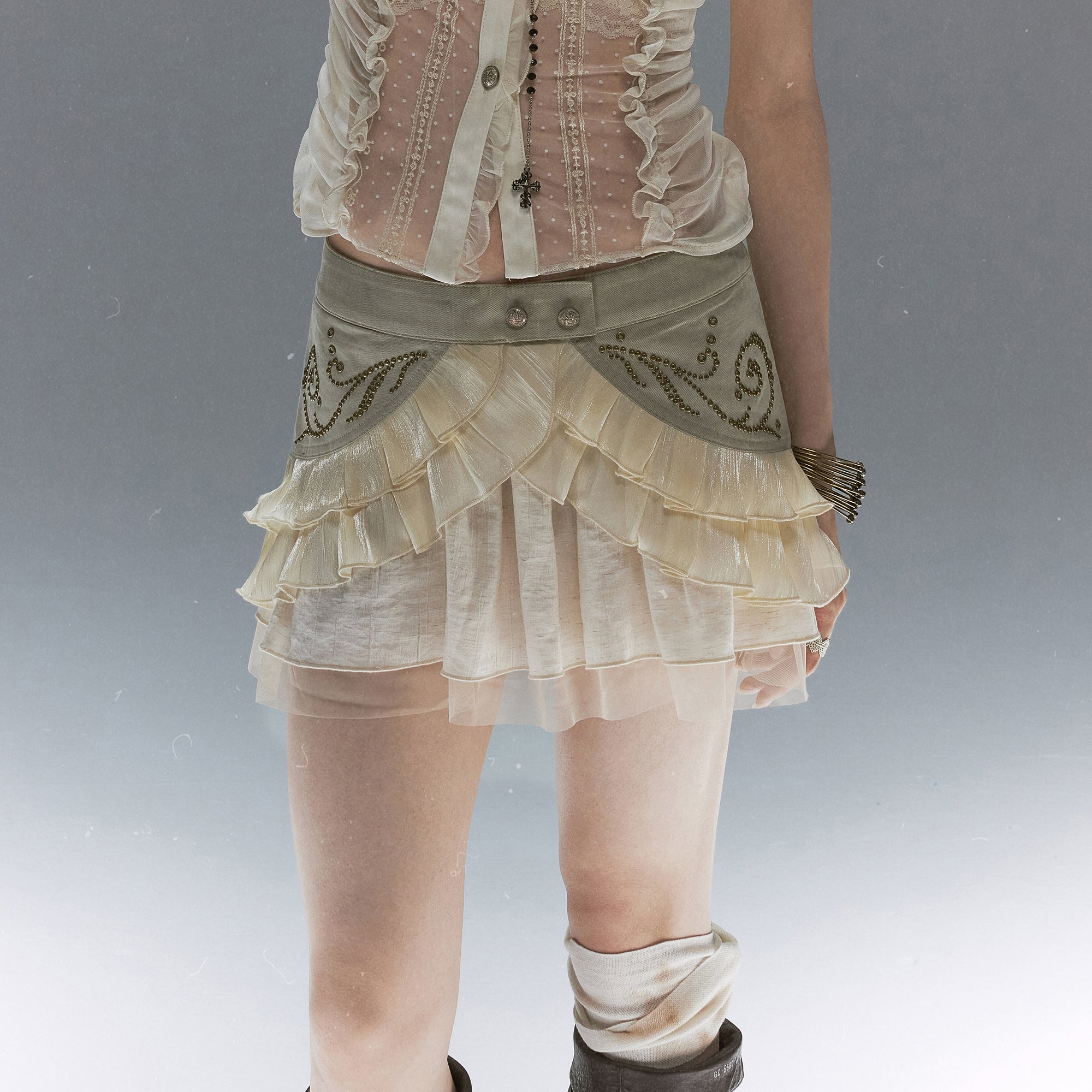 CESTNOUS Scroll-Embellished Layered Ruffle Mini Skirt