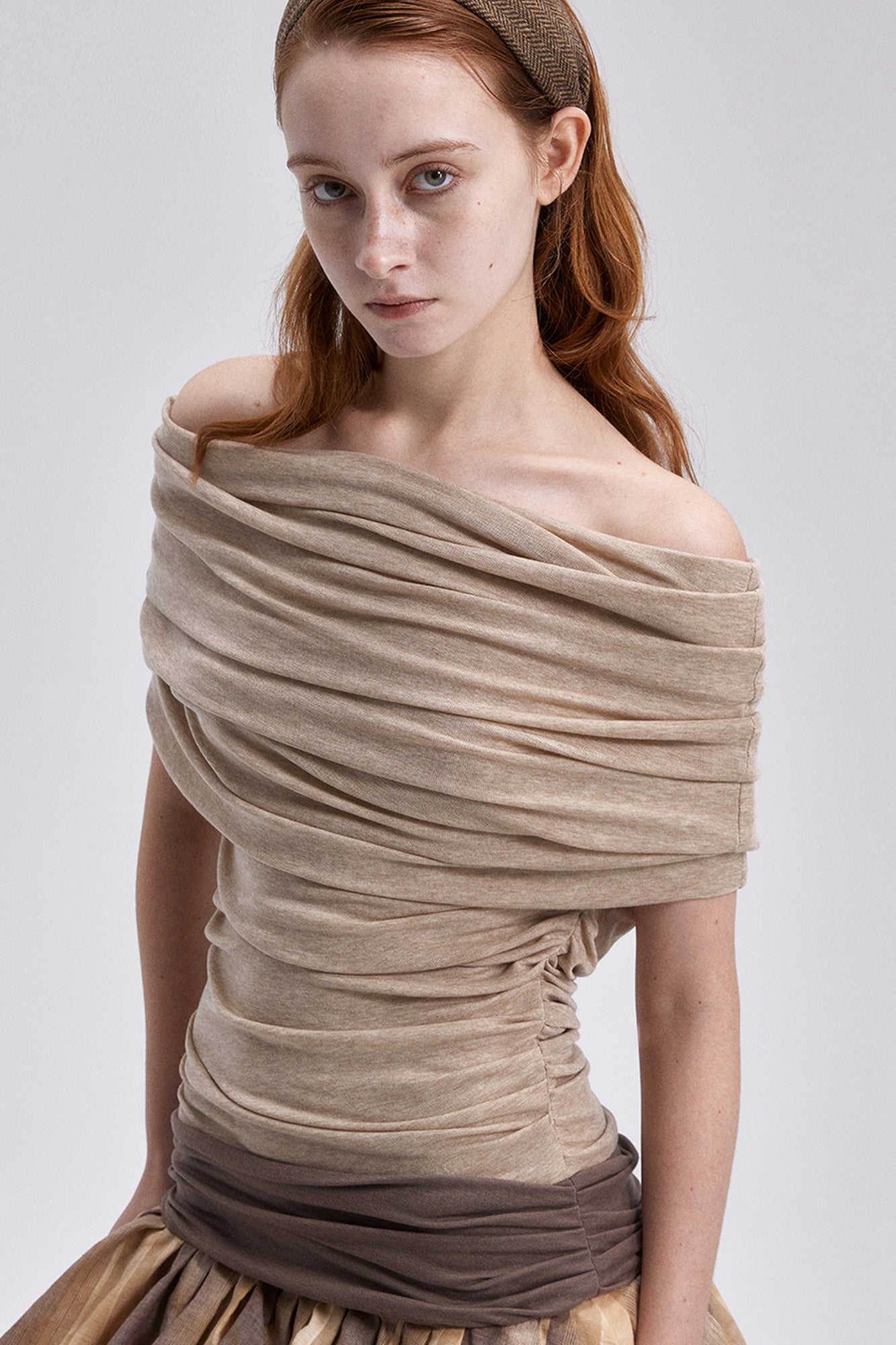 VERSION9 Off-Shoulder Ruched Bubble-Hem Mini Dress