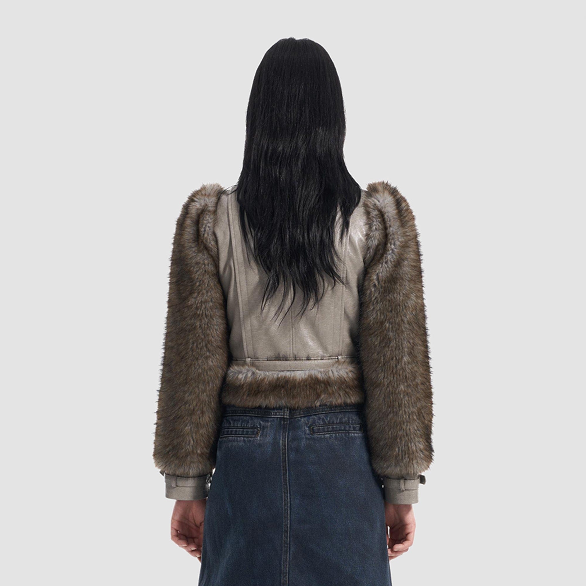 VANN VALRENCE Faux Leather Shearling Sleeve Cropped Jacket