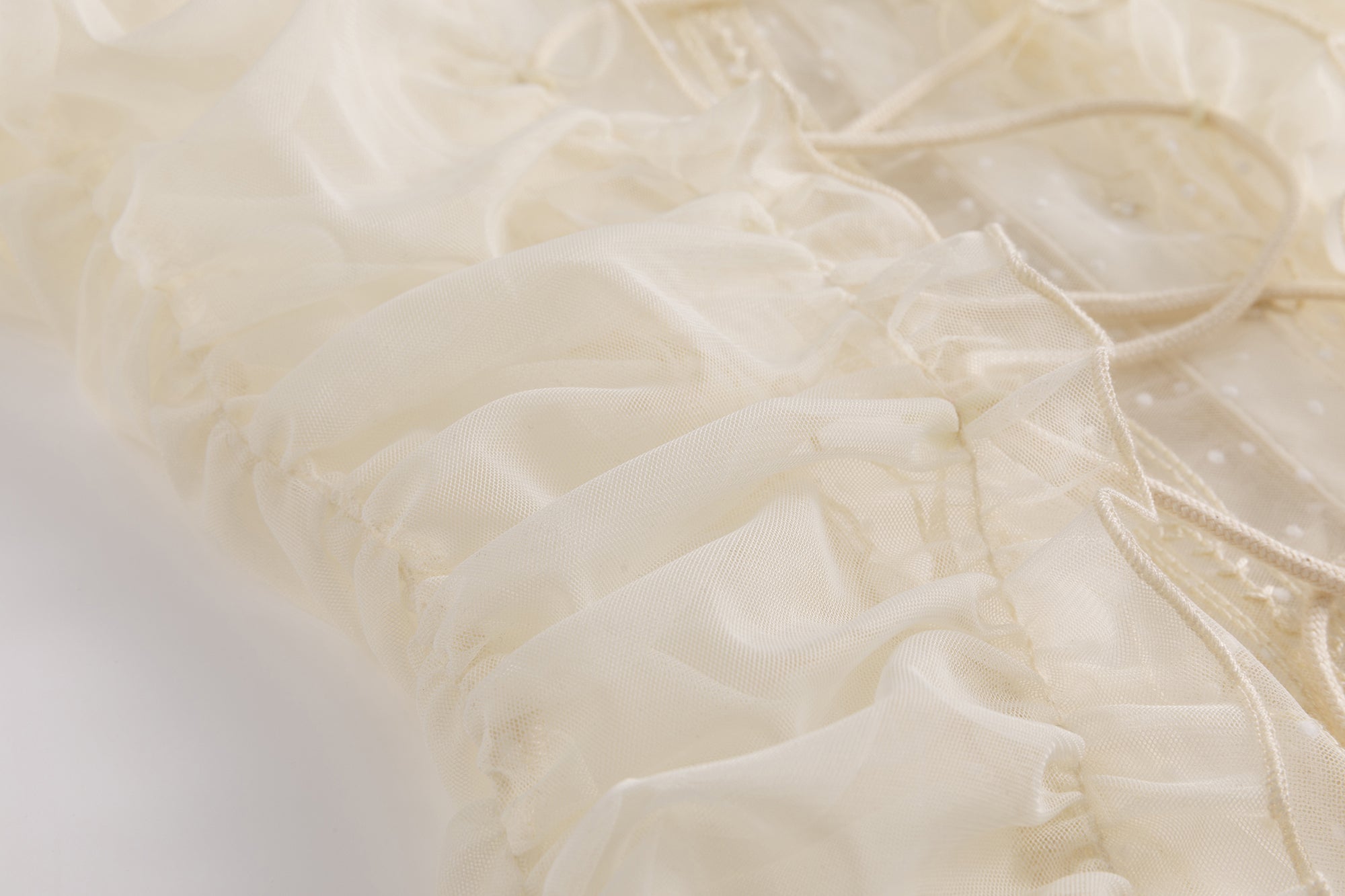 CESTNOUS Sheer Lace Ruched Puff-Sleeve Blouse