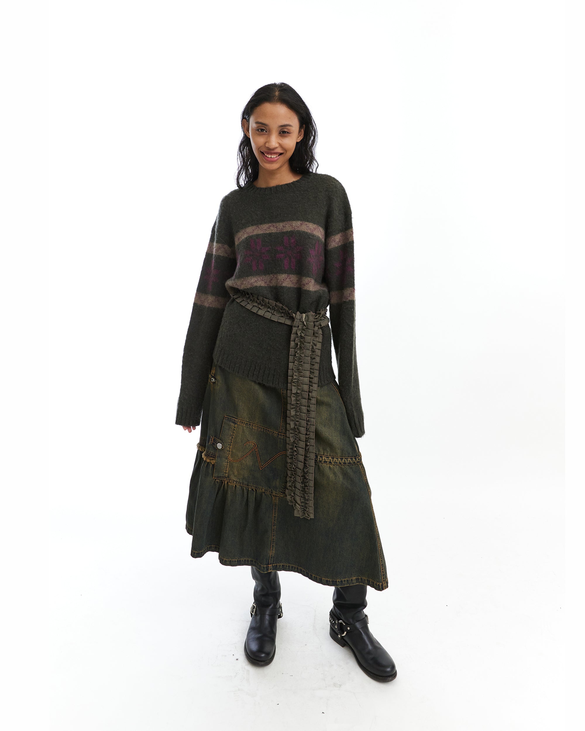 NEVERSEEZ Retro Wash Asymmetrical Denim Midi Skirt