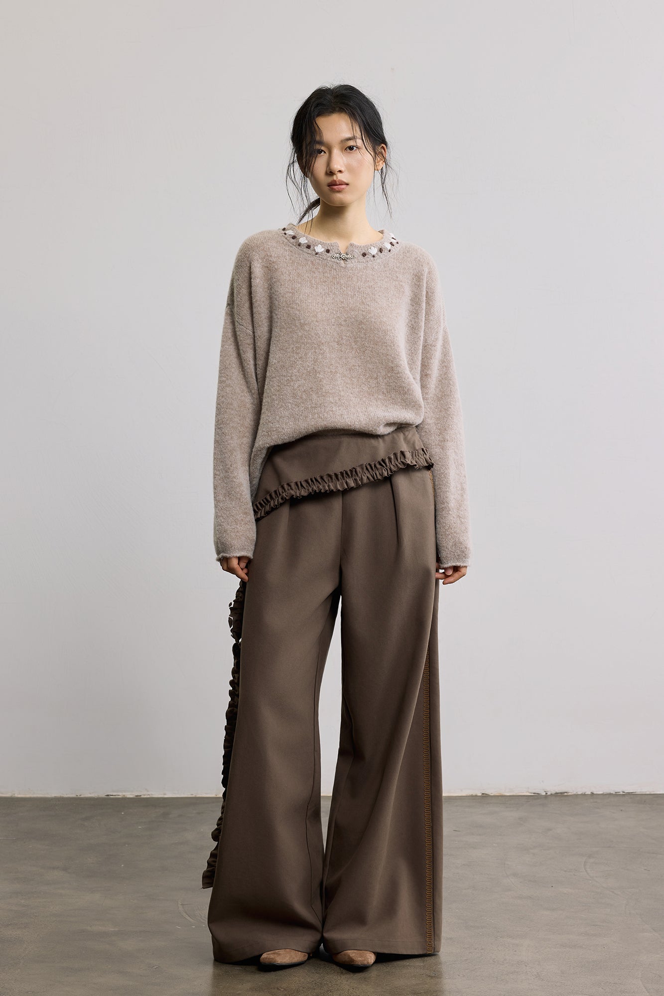 SAME FLOW Ruffle Trim Embroidered Wide-Leg Pants