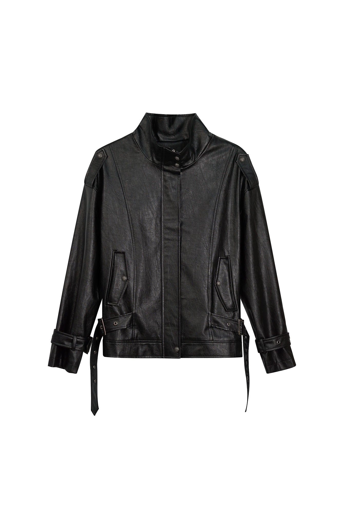 CESTNOUS Belted-Hem Faux Leather Jacket