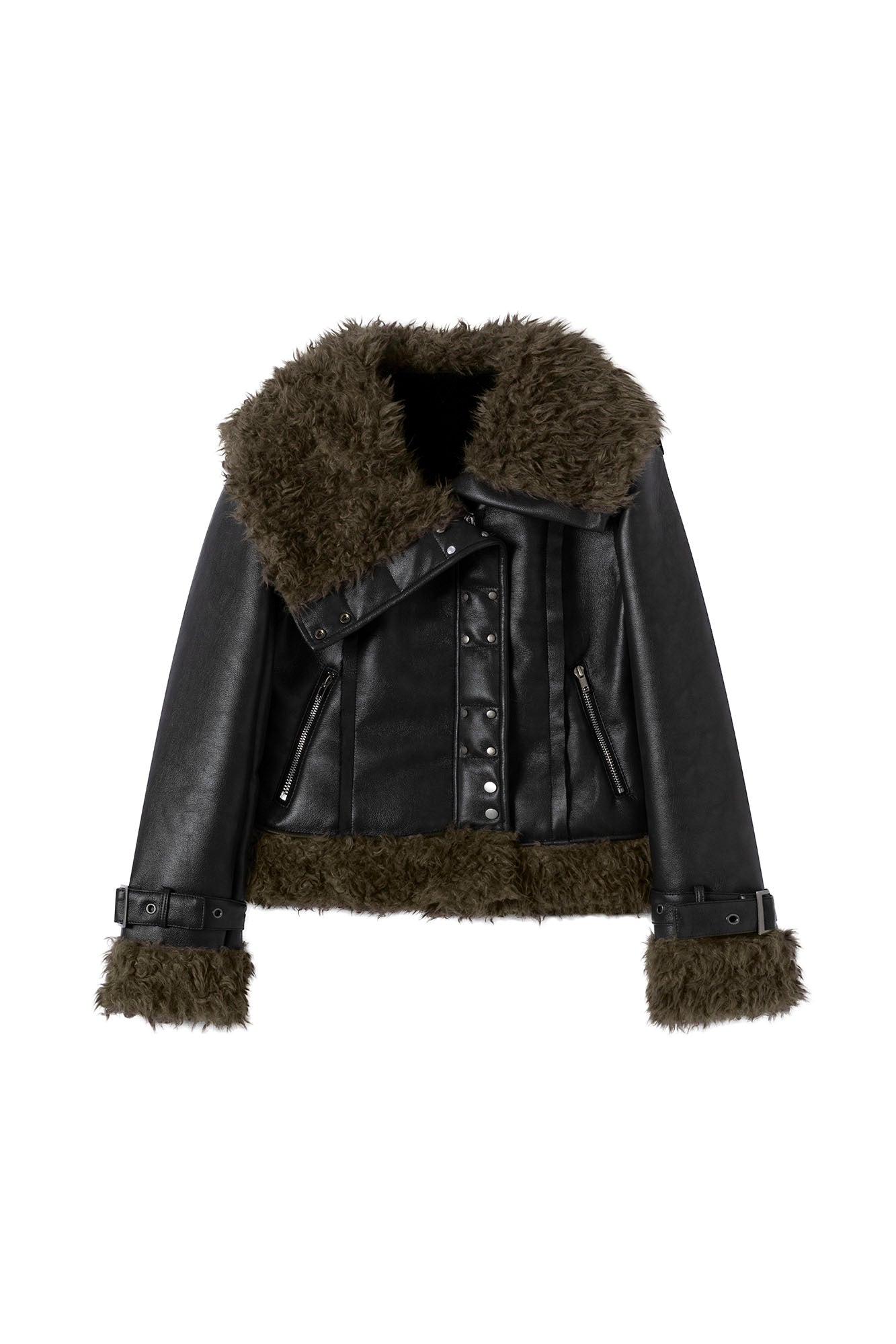 CESTNOUS Faux-Shearling Trim Faux Leather Jacket