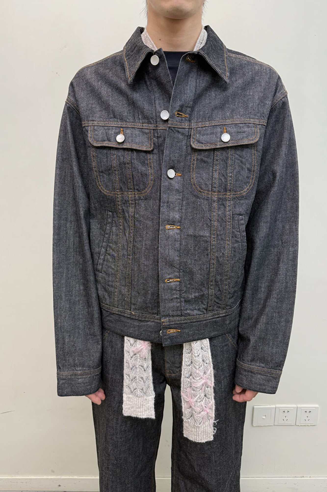 NEVERSEEZ Retro Waist-Tab Dark Denim Jacket