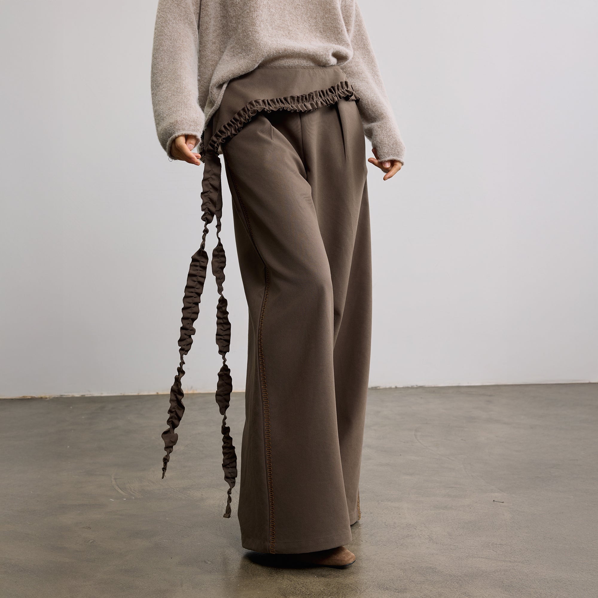 SAME FLOW Ruffle Trim Embroidered Wide-Leg Pants