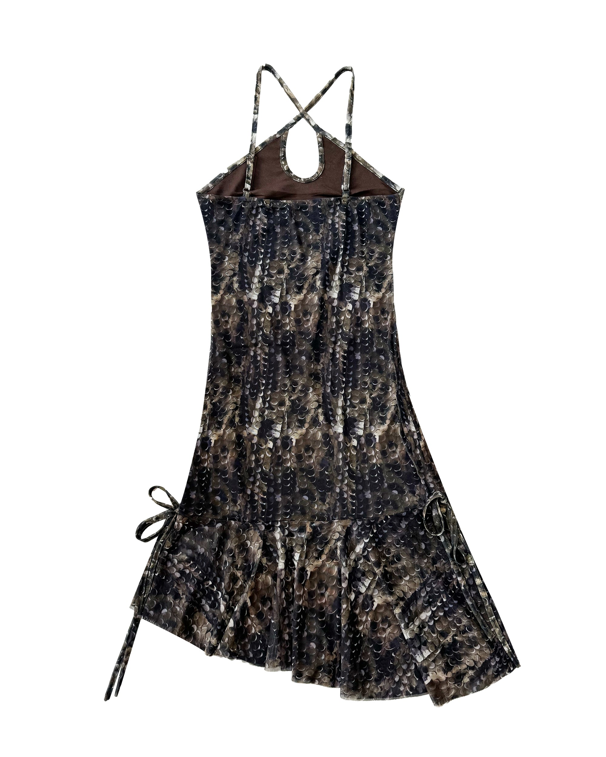 JIUWU PARK Ruched Wave Mesh Halter Dress