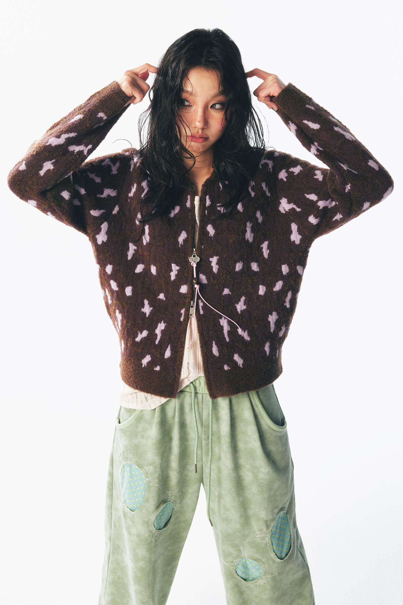 1997 POSTOFFICE Fuzzy Strawberry-Leopard Dual-Zip Knit Jacket