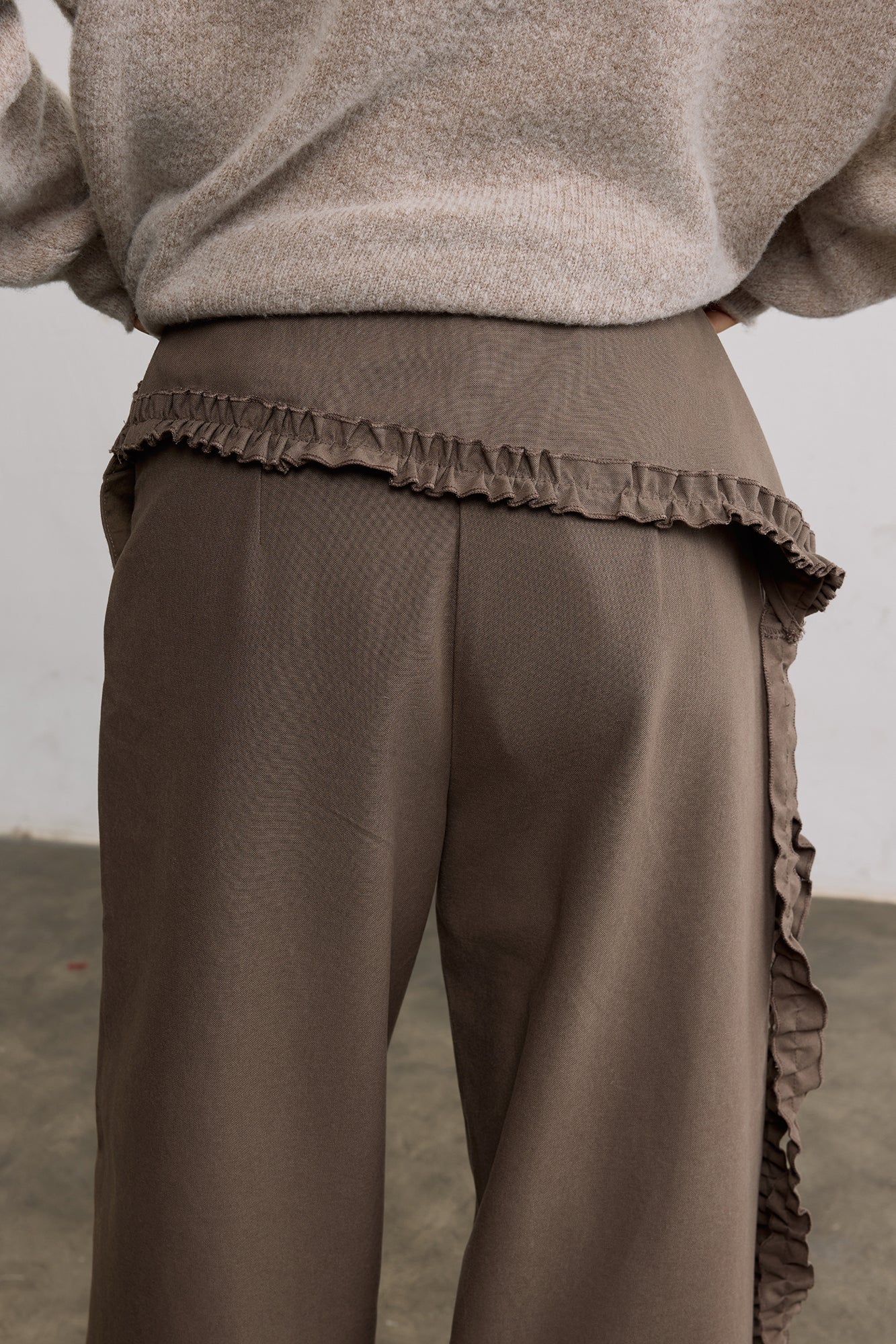 SAME FLOW Ruffle Trim Embroidered Wide-Leg Pants