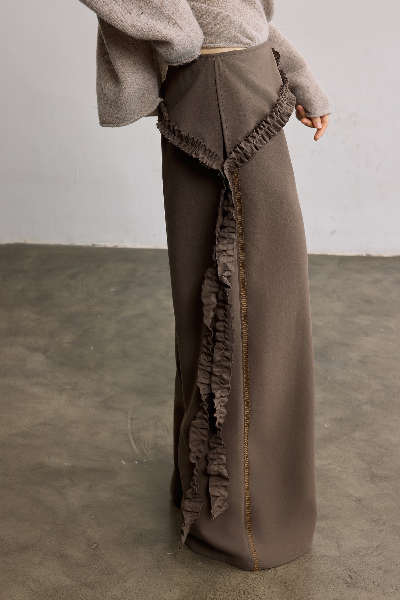 SAME FLOW Ruffle Trim Embroidered Wide-Leg Pants