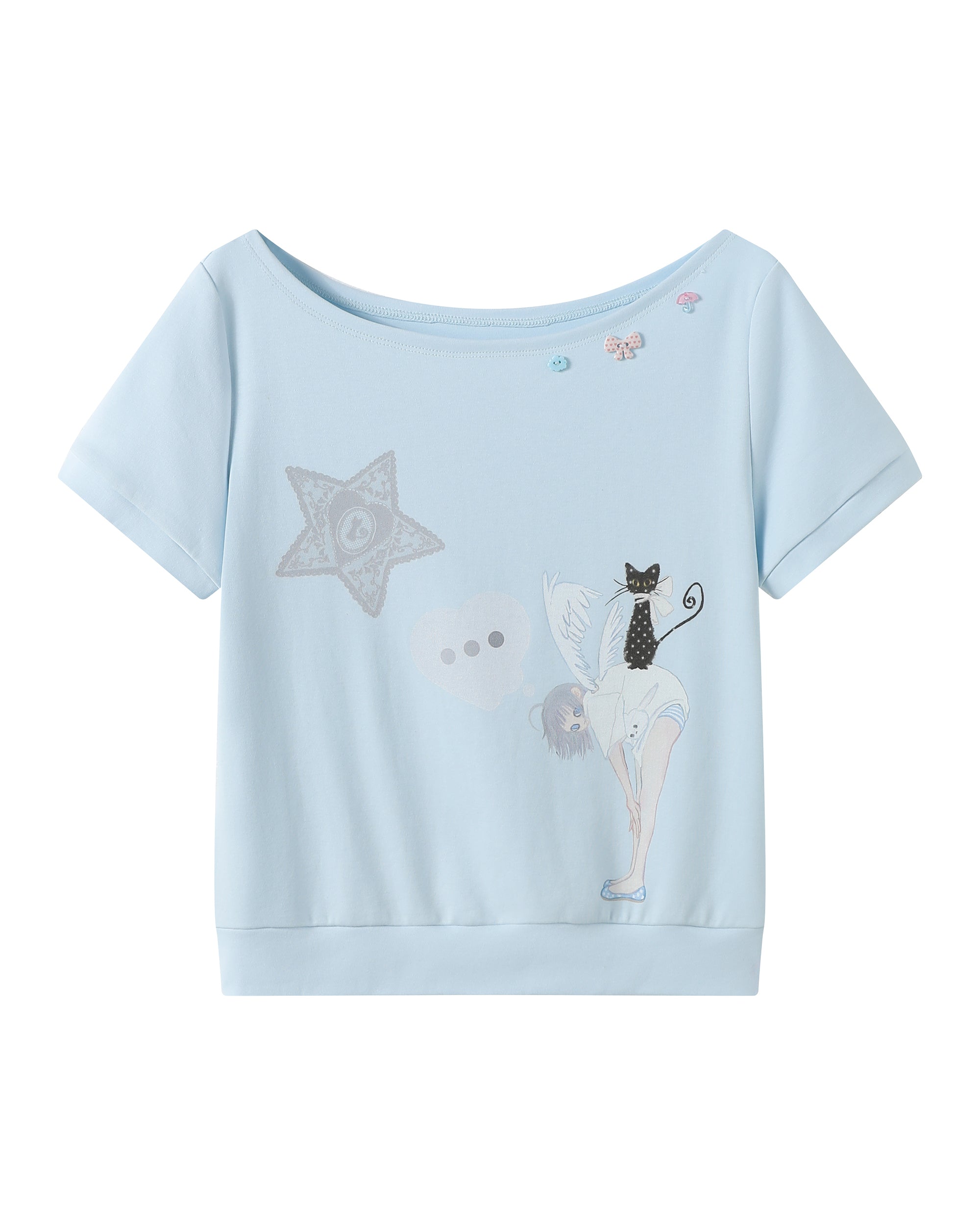 HAVE A MEAL × Congming Slouchy Graphics Off-Shoulder Loose T-Shirt