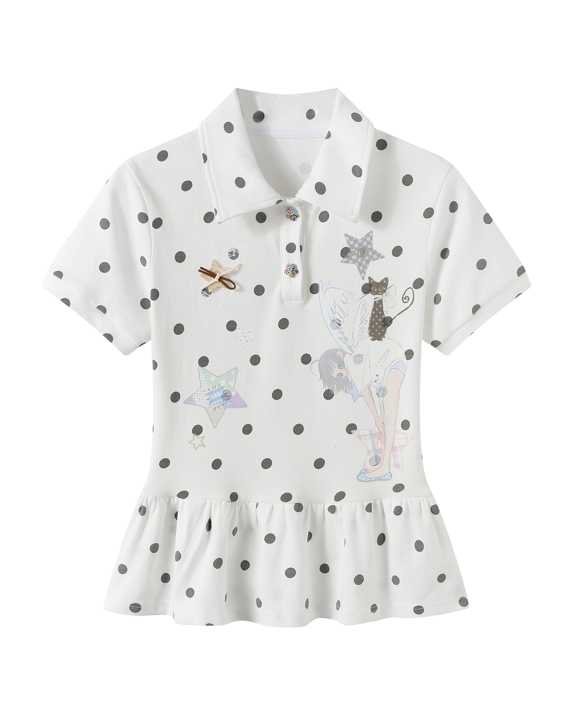 HAVE A MEAL × Congming Polka Dot Ruffle-Hem Polo Tee