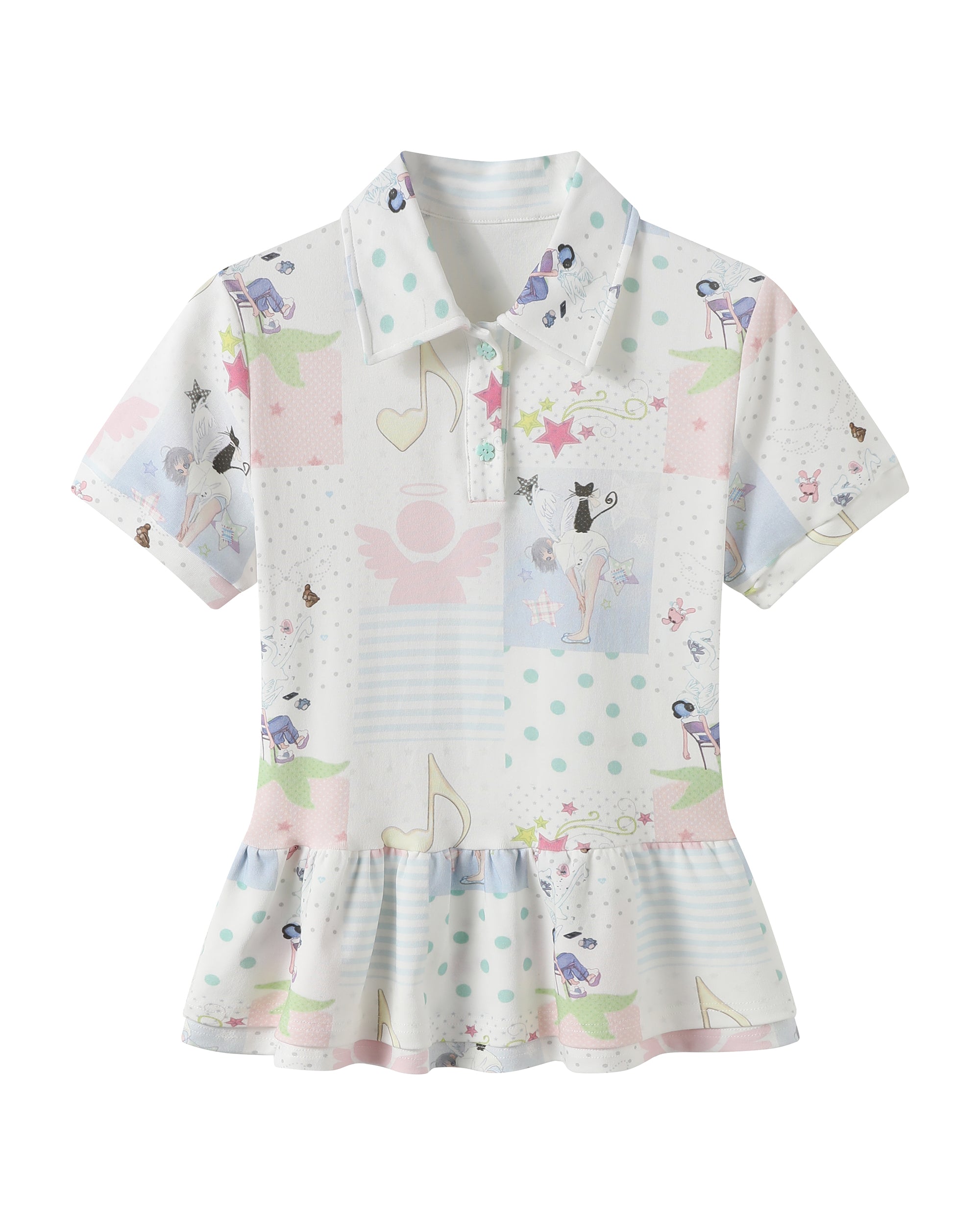 HAVE A MEAL × Congming Retro Patchwork Graphic Peplum Polo Tee