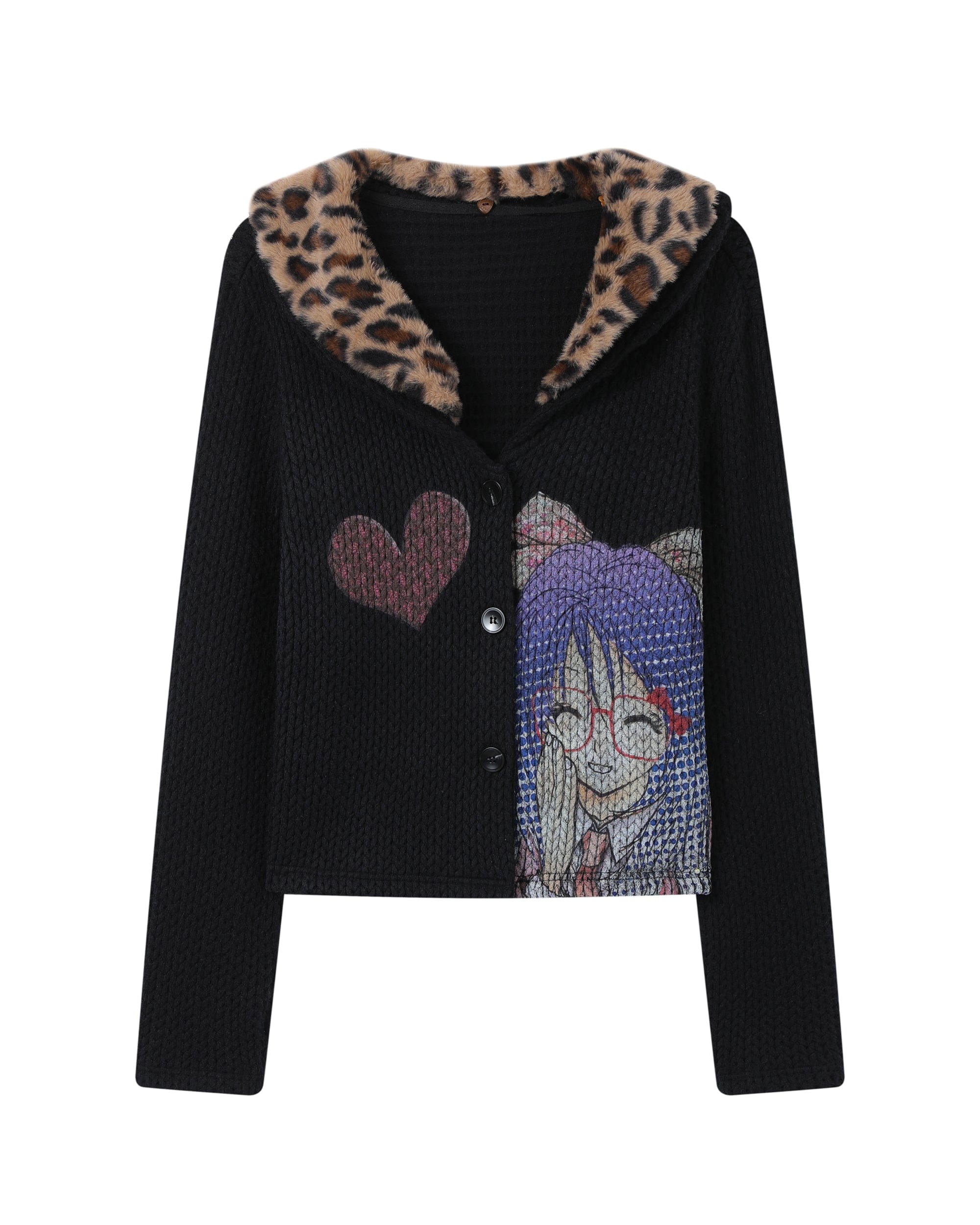 HAVE A MEAL Retro Graphic Leopard Collar Cardigan