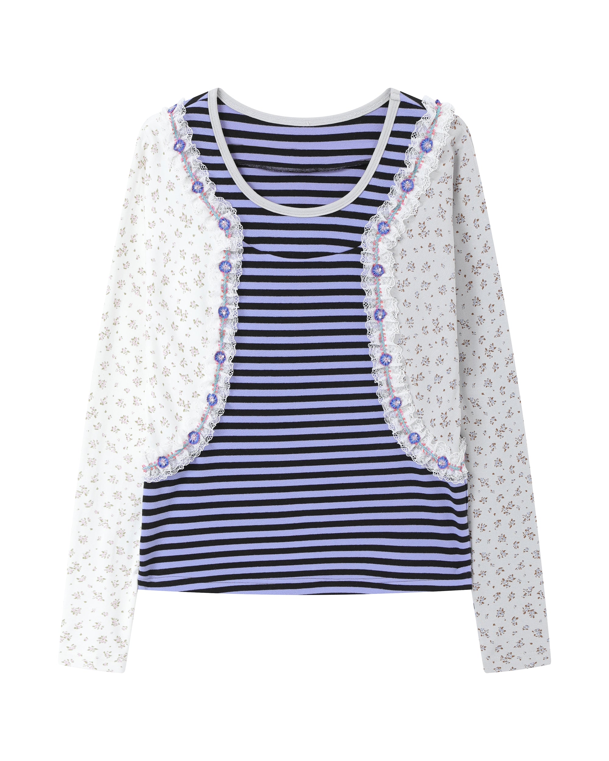 HAVEAMEAL Stripe Floral Lace Spliced Long-Sleeve Tee