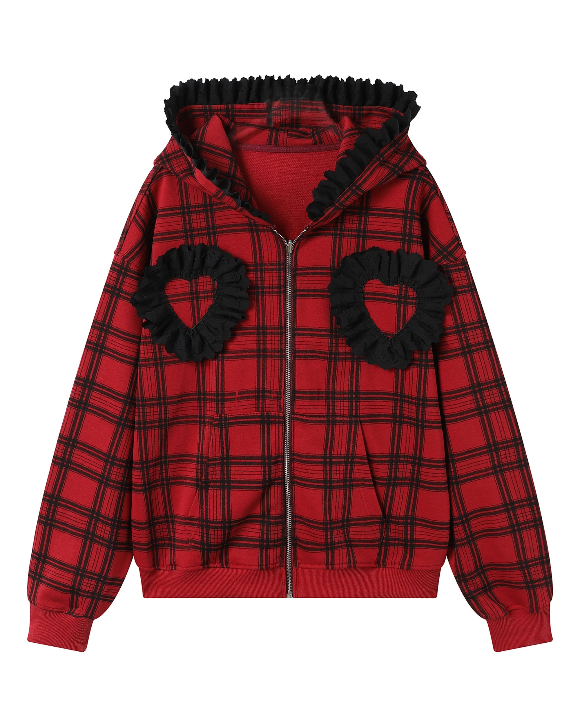 HAVE A MEAL Plaid Ruffle Trim Zip-Up Hoodie