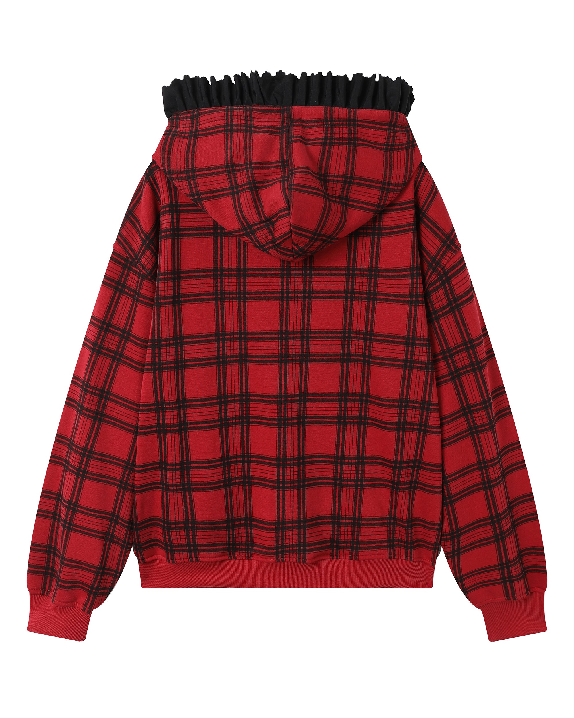 HAVEAMEAL Plaid Ruffle Trim Zip-Up Hoodie