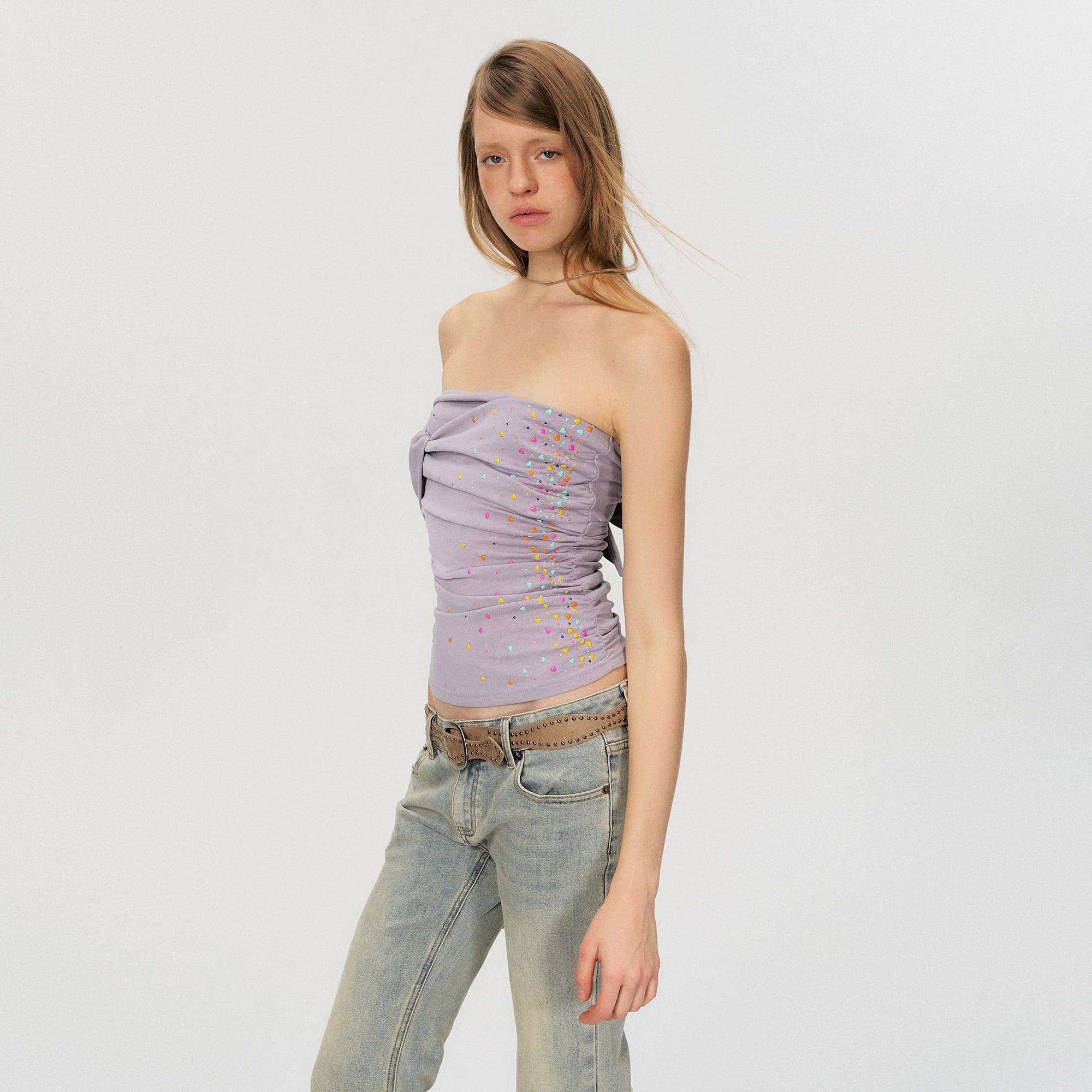 THE NEVERMORE Color Resin Rhinestone Twist Bandeau Top
