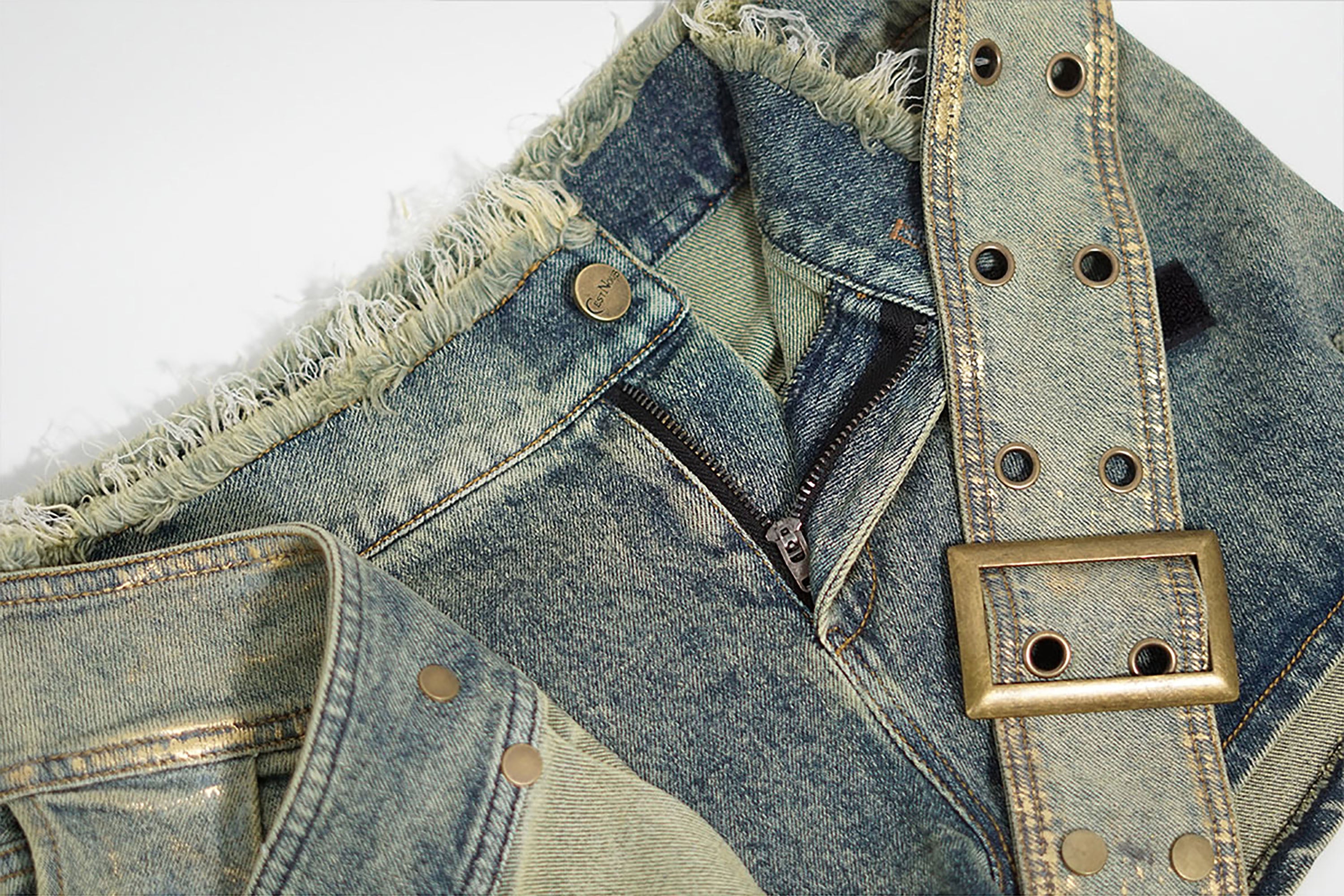 CESTNOUS Gold-Foil Paneled Frayed Denim Skort