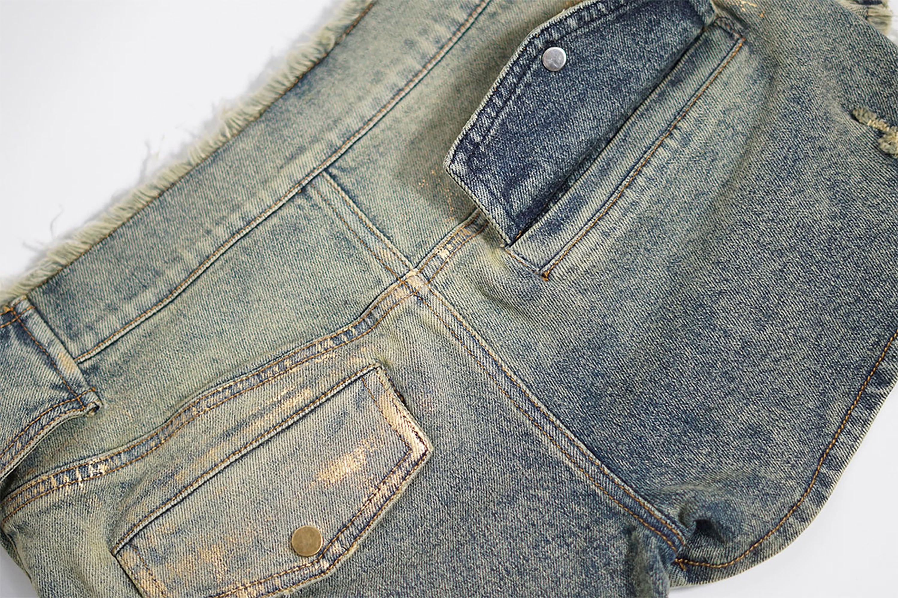 CESTNOUS Gold-Foil Paneled Frayed Denim Skort