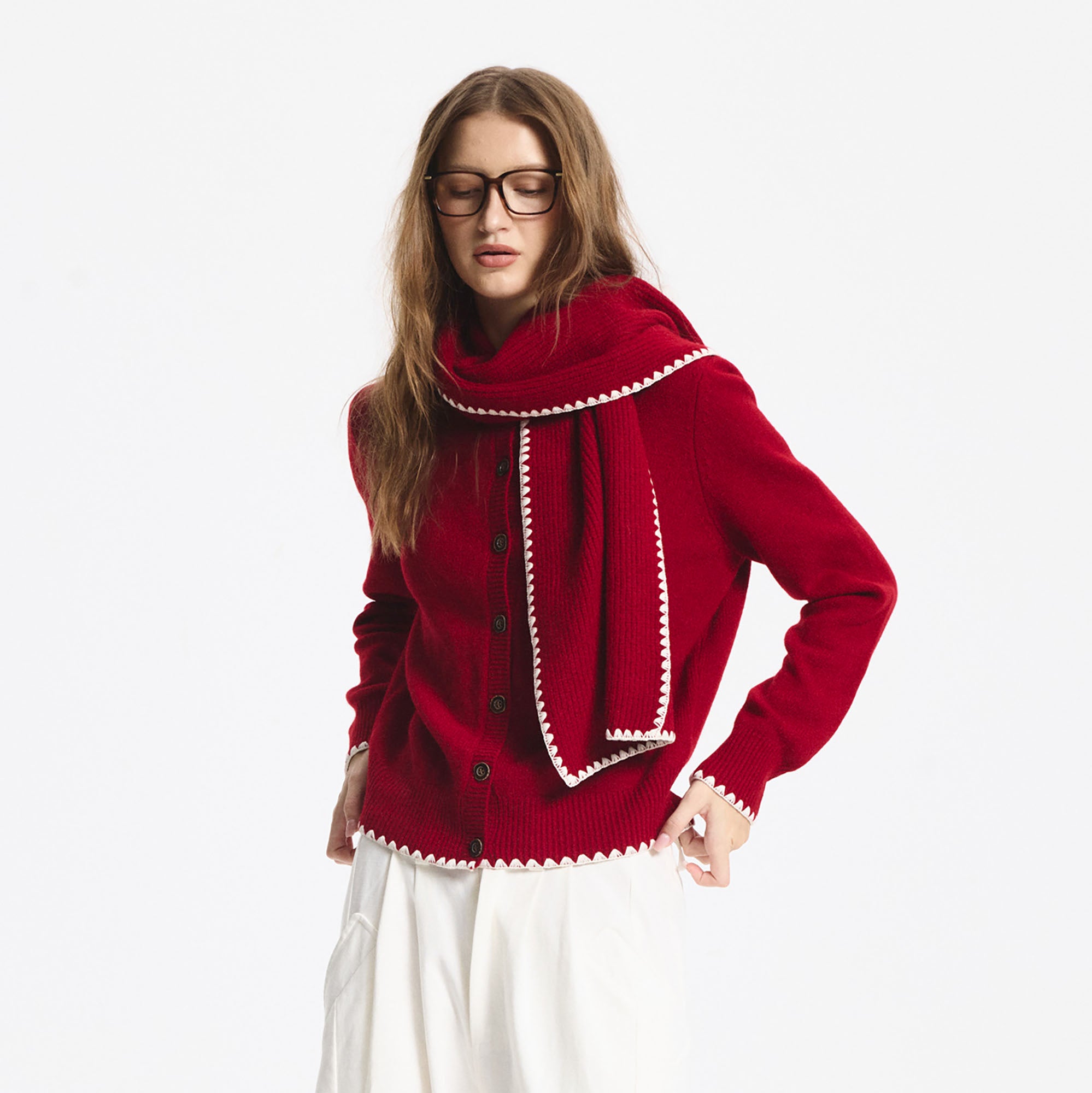 LEONSENSE Contrast-Trim Button Cardigan & Scarf Set