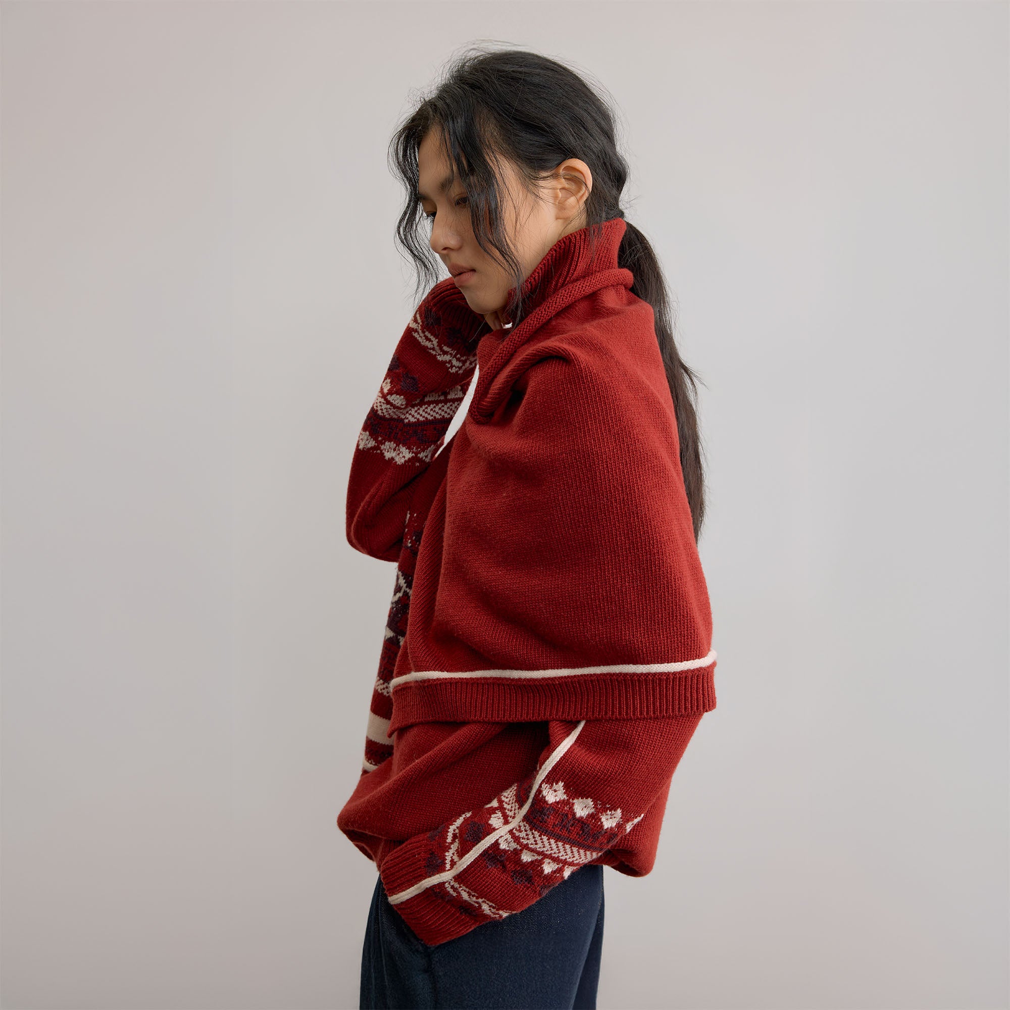 SAME FLOW Retro Jacquard Sleeve Sweater & Shawl Set