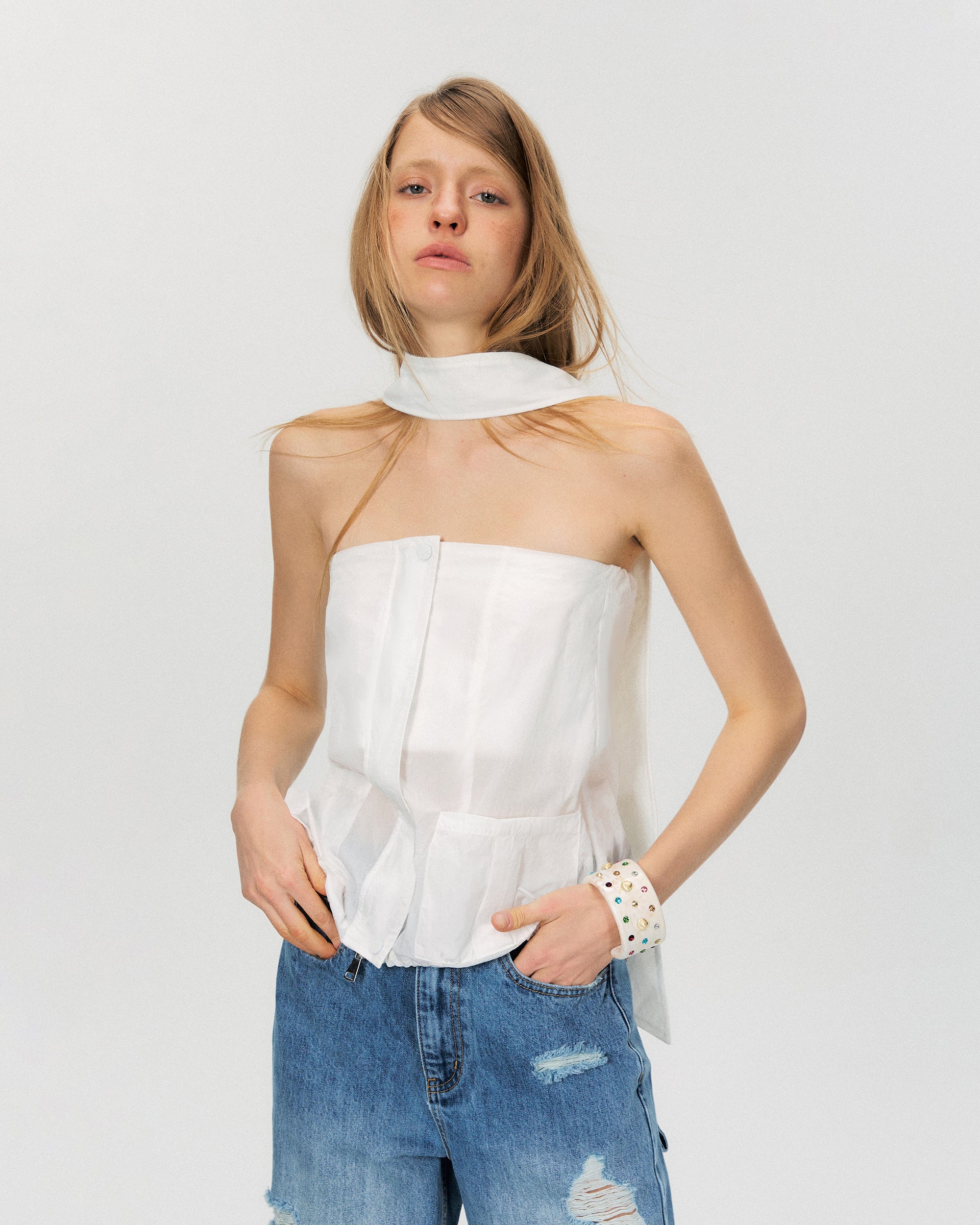 THE NEVERMORE Sheer Strapless Drawstring-Hem Pocket Top