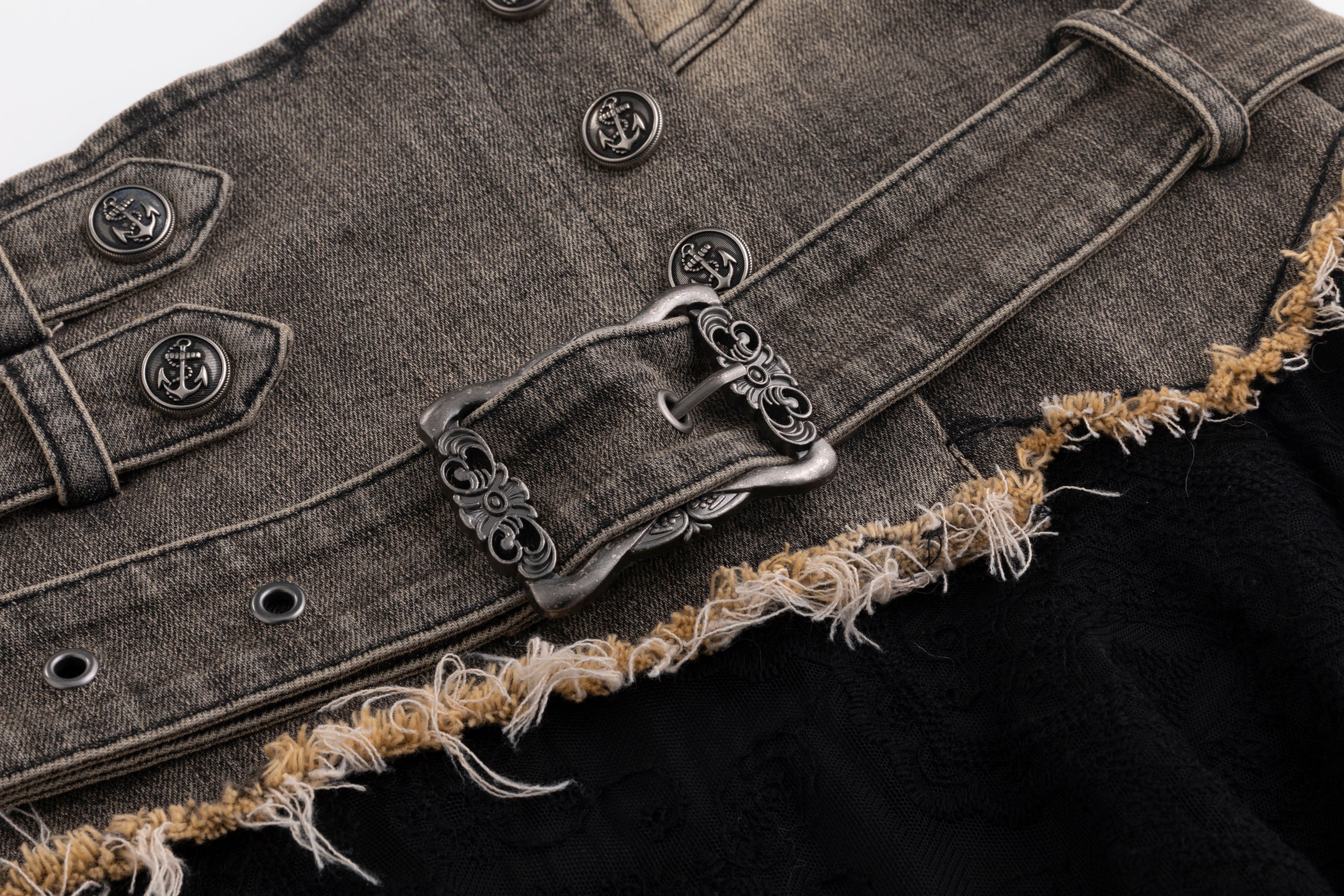 CESTNOUS Denim Belt-Waist Lace Ruffle Asym Skirt
