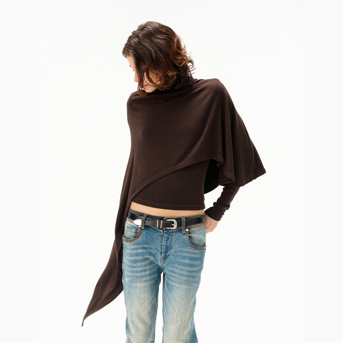 COSTUSTOOT Cape-Style Asymmetric Layered Knit Long-Sleeve Tee