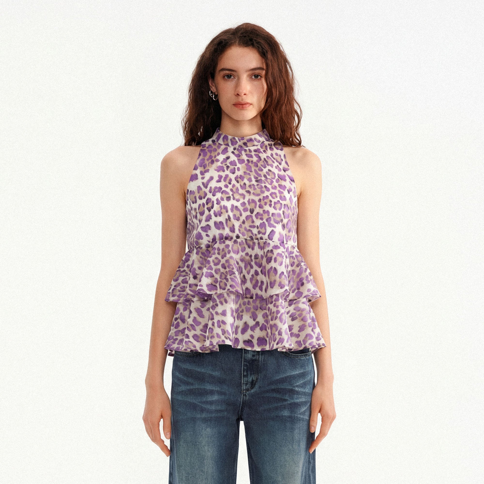 MUSE NAPS Leopard Halter Neck Wave-Hem Tank Top