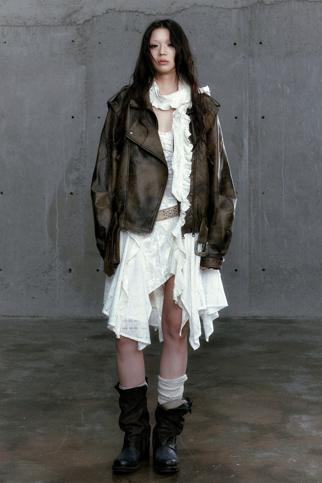 CESTNOUS Distressed Dual-Zip Faux Leather Biker Jacket