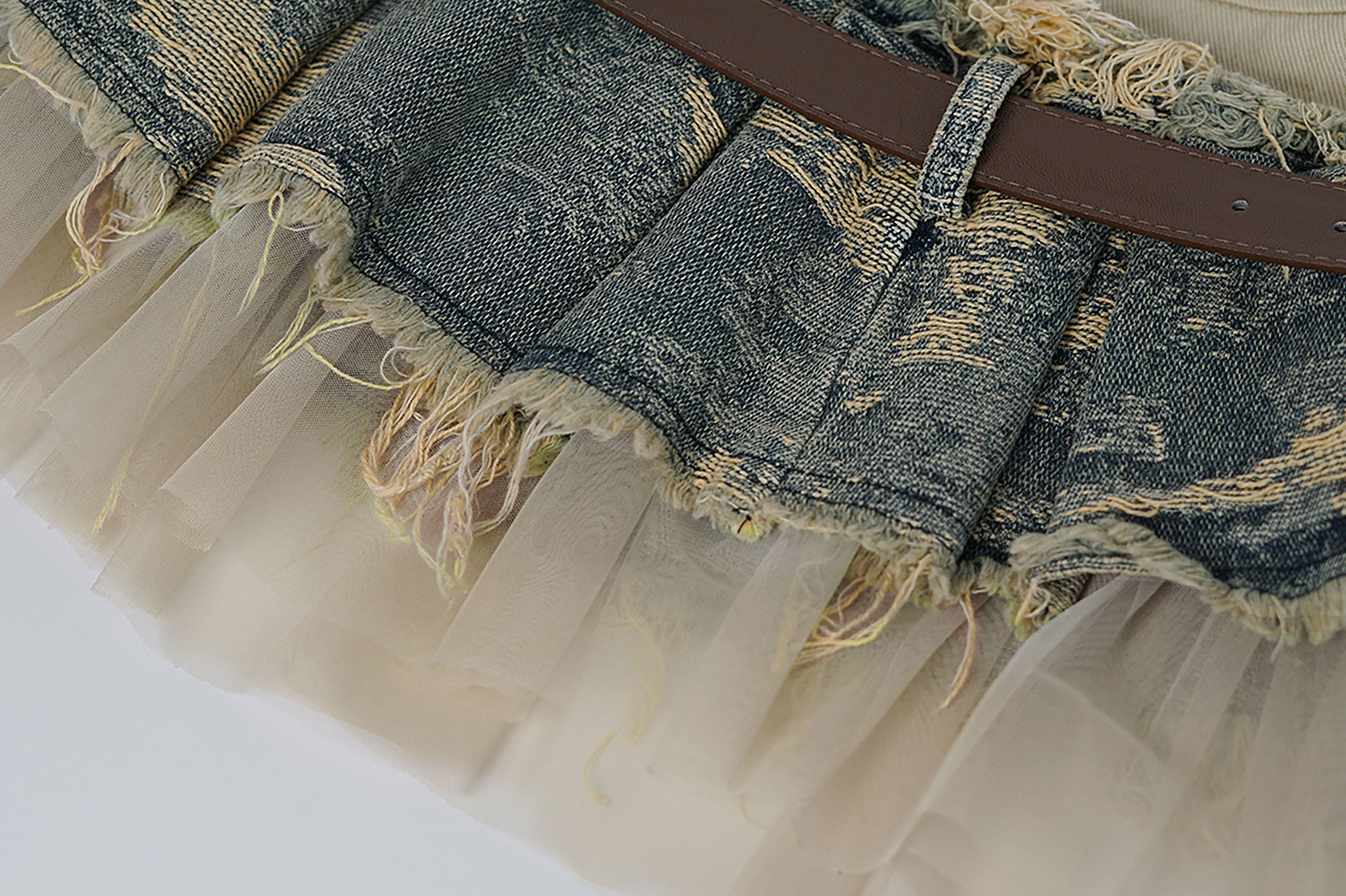 CESTNOUS Layered Frayed Denim Tulle Mini Skirt
