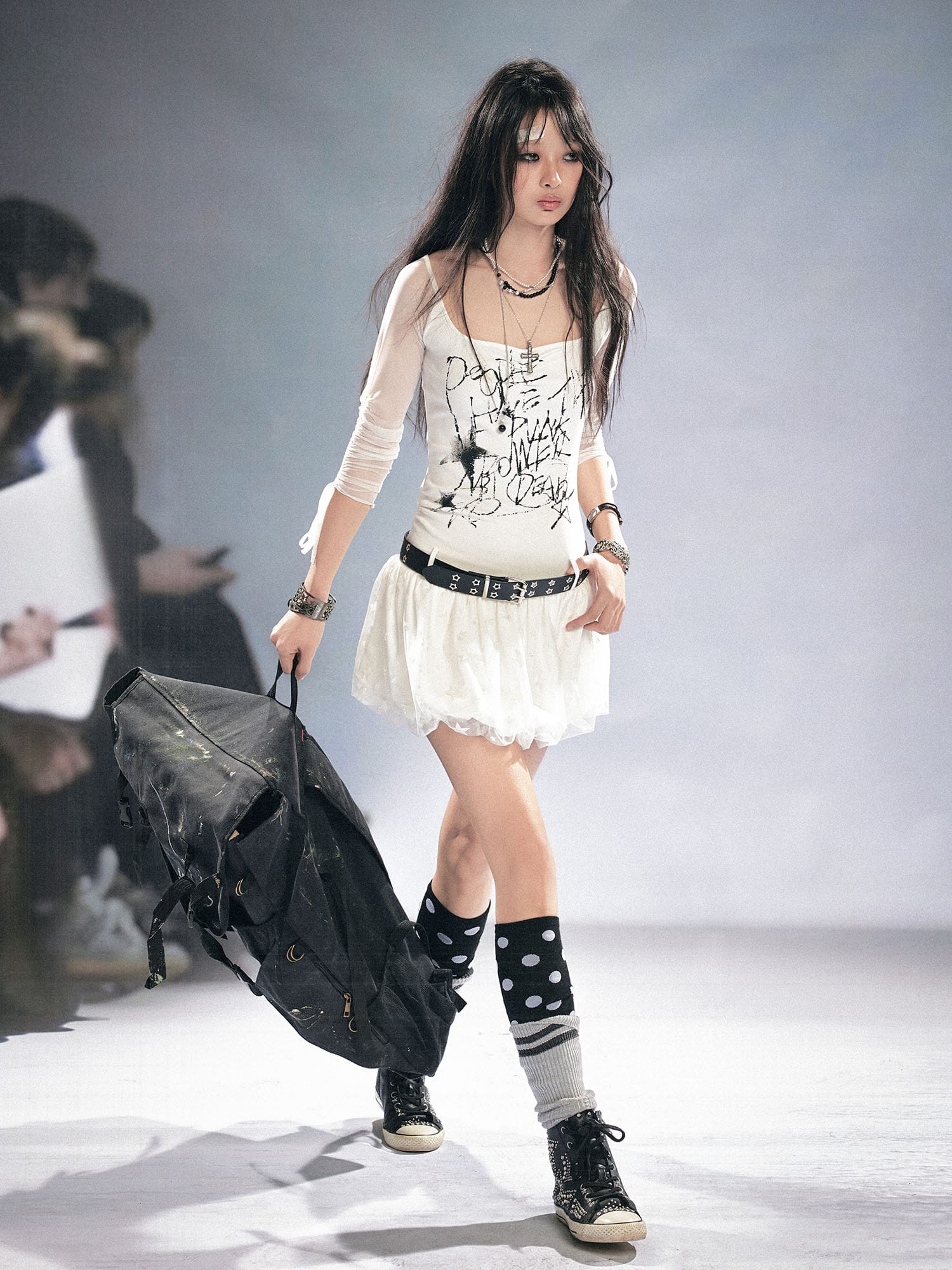 CESTNOUS Sheer-Sleeve Graffiti Mini Dress