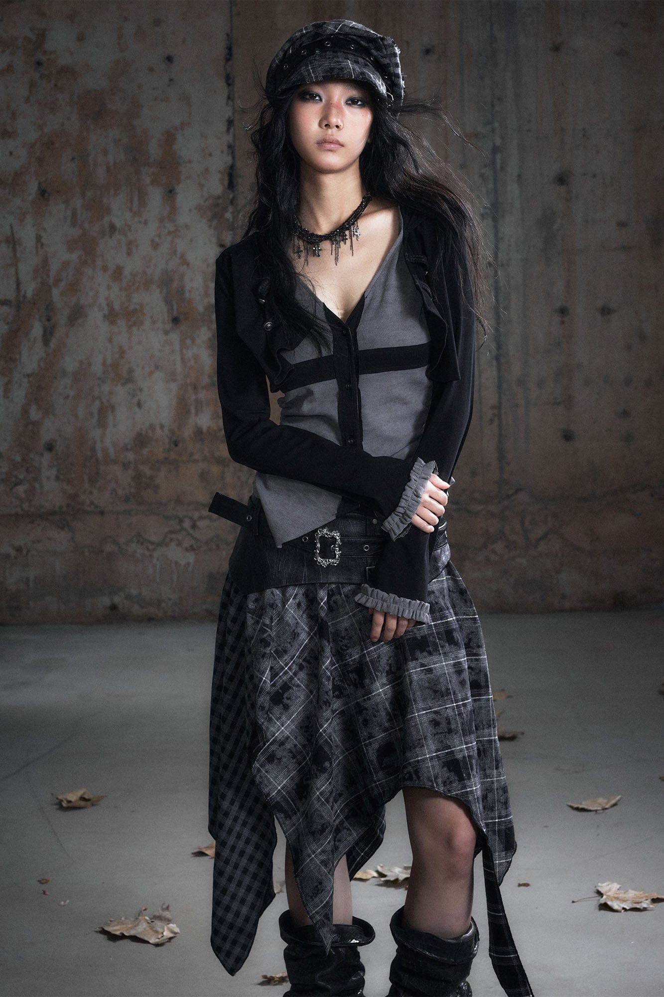 CESTNOUS Layered Hooded Ruched Cinched Waist Top