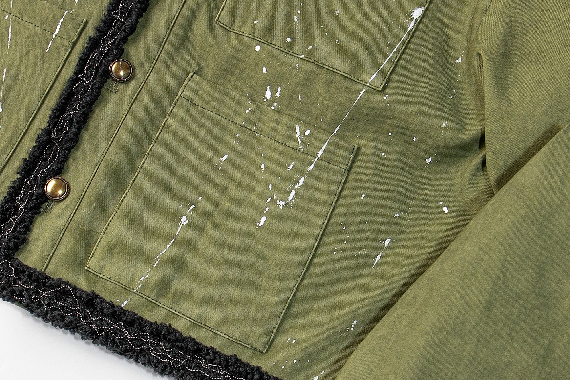 LEONSENSE Paneled Fleece Trim Paint-Splattered Jacket