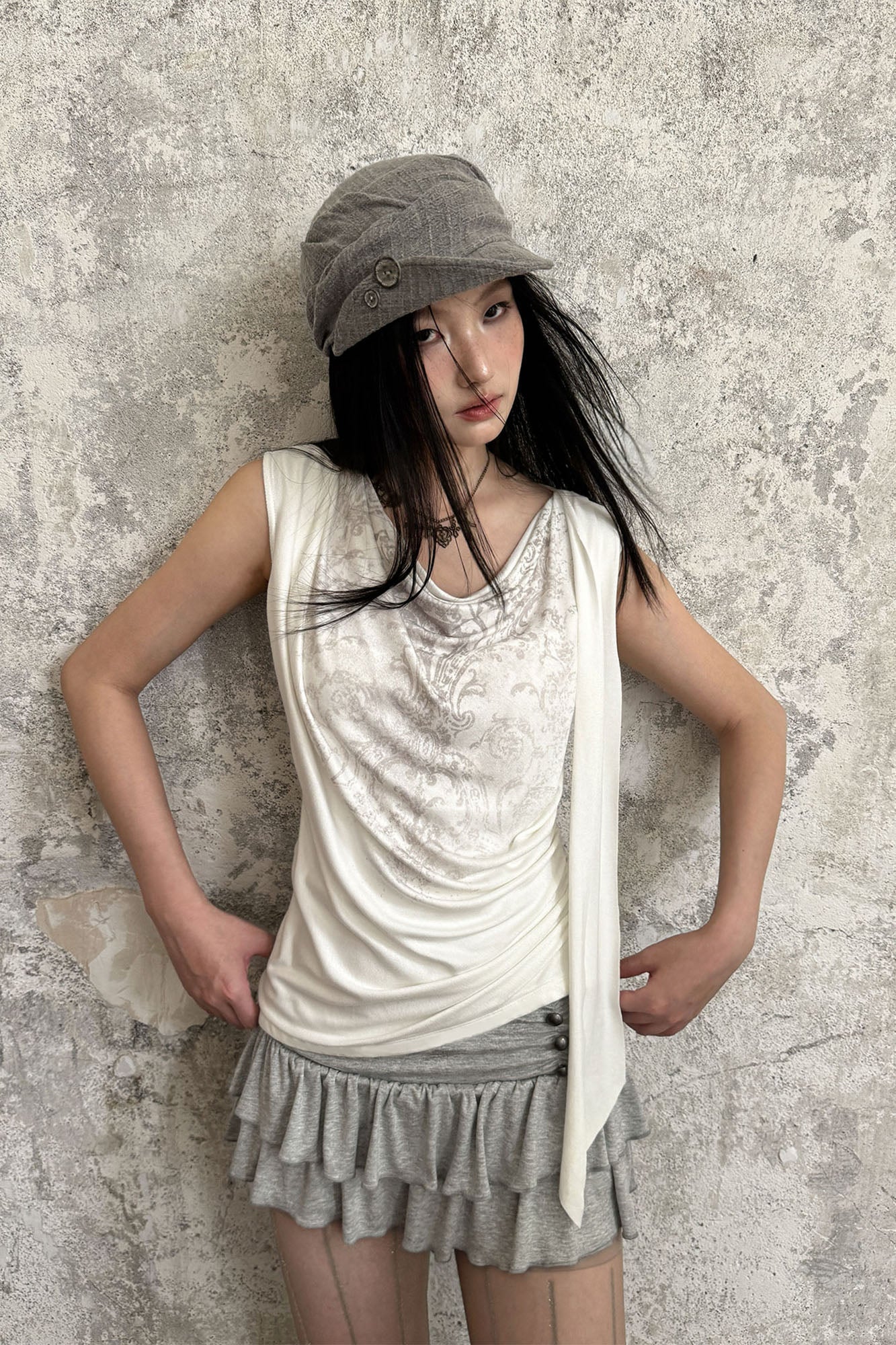 RIDK Retro Graphic Draped-Neck Tank Top