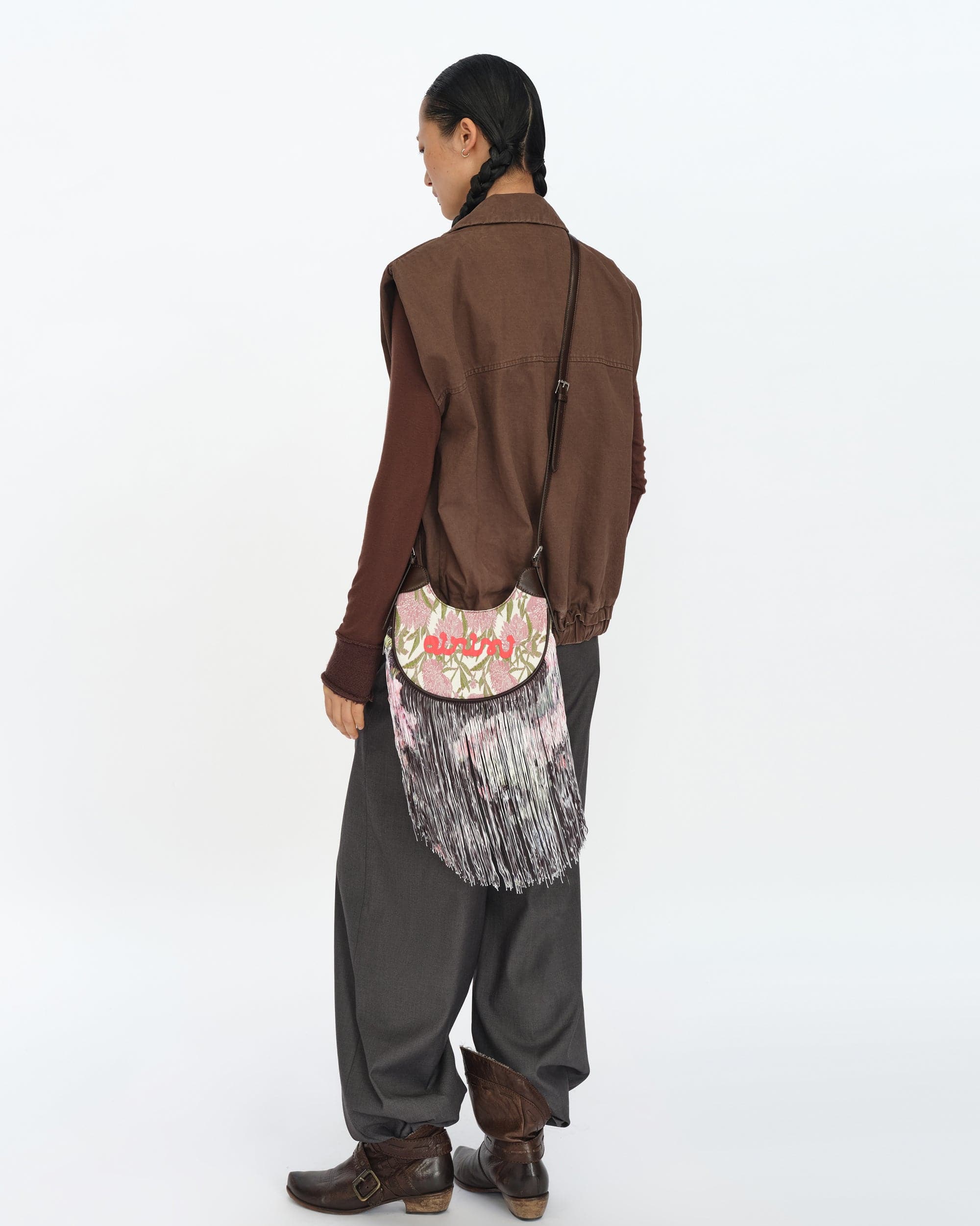 OINIMI Floral Jacquard Fringe Saddle Bag