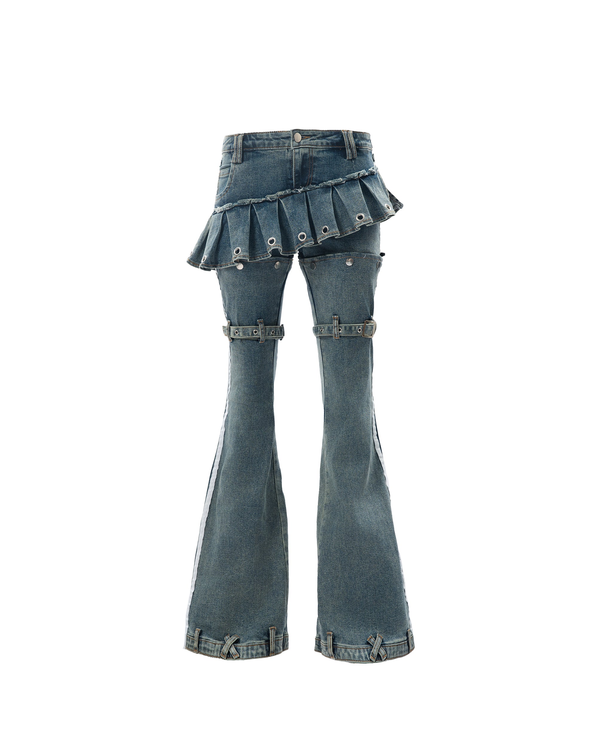 MOGONGSHE Washed Skirt-Layer Detachable Flared Jeans